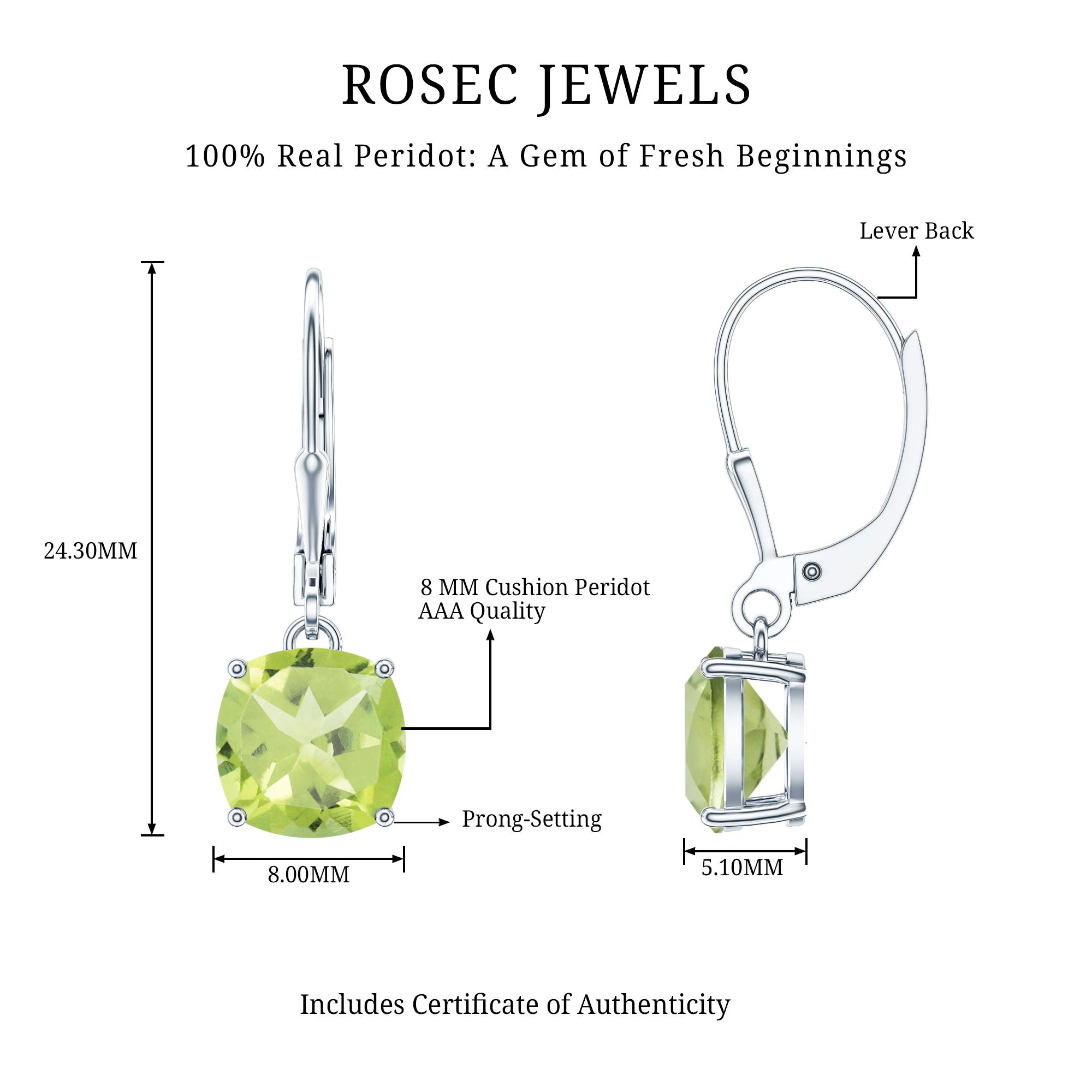 4 Carat Cushion Cut Peridot Solitaire Drop Earrings with Leverback AAA - Rosec Jewels