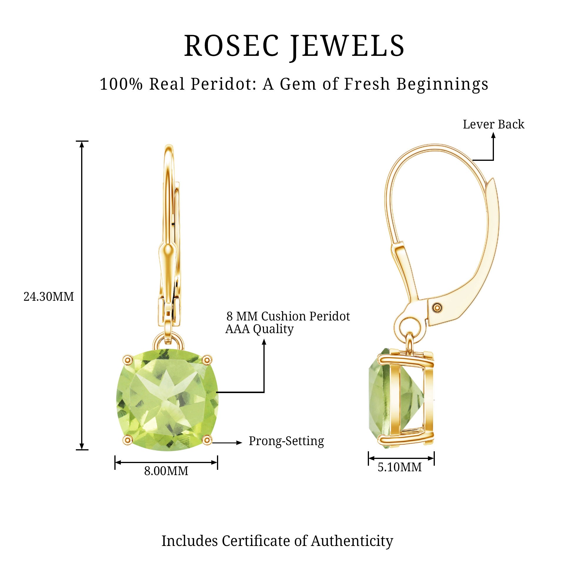 4 Carat Cushion Cut Peridot Solitaire Drop Earrings with Leverback AAA - Rosec Jewels