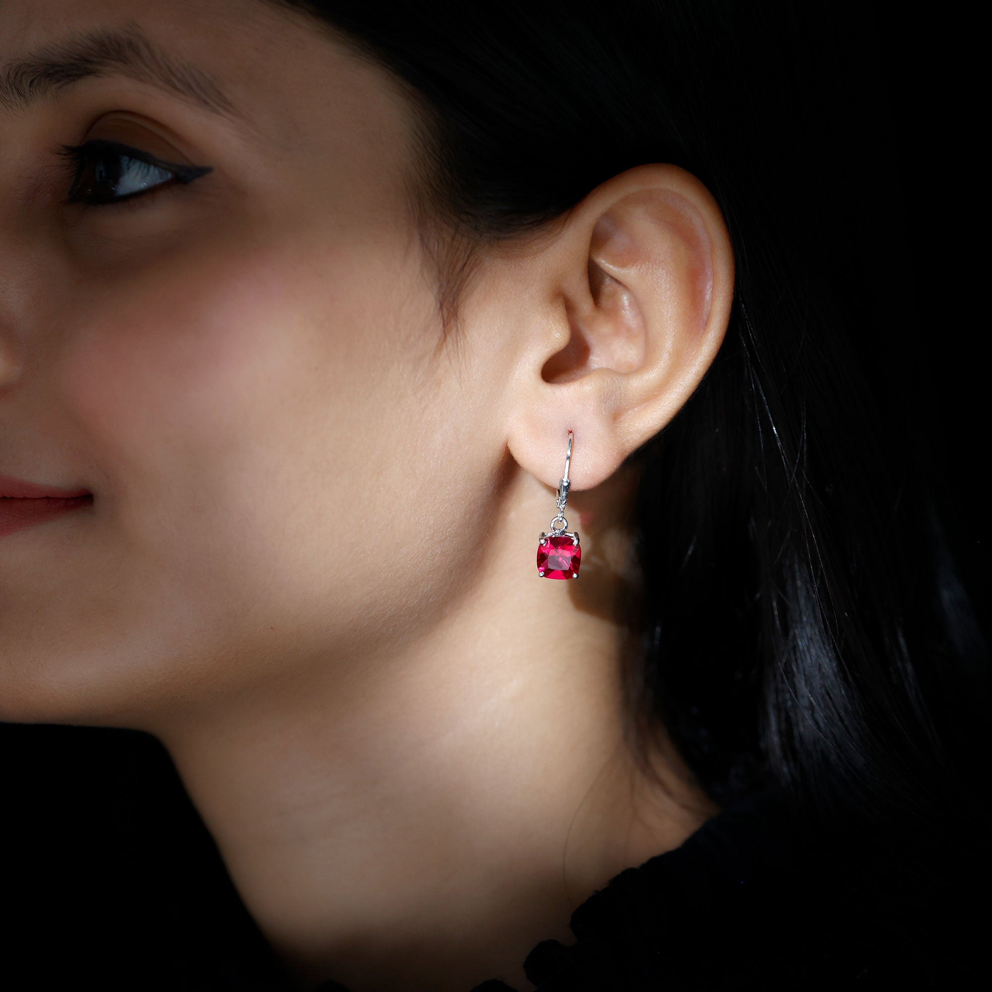 4 Carat Cushion Cut Lab Grown Ruby Hoop Earrings for Women AAAA 92.5 Sterling Silver - Rosec Jewels