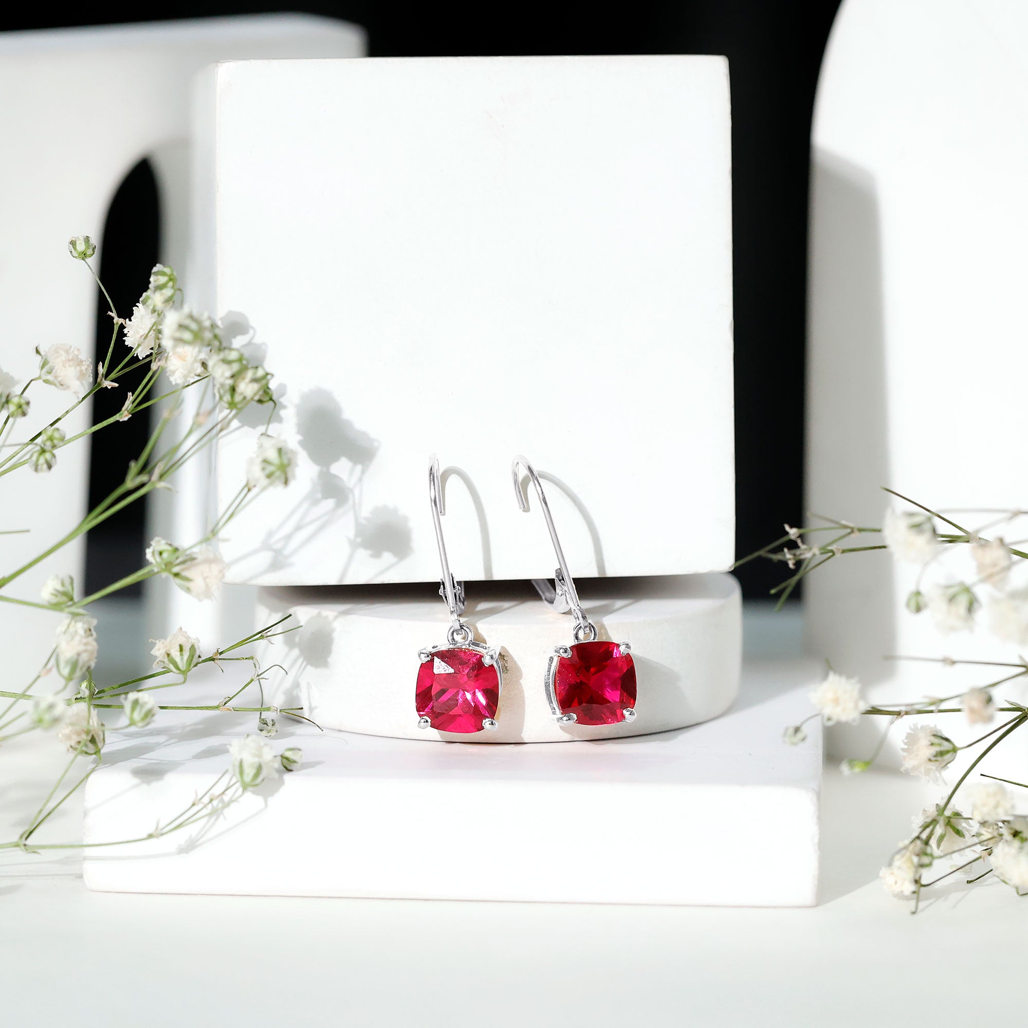 4 Carat Cushion Cut Lab Grown Ruby Hoop Earrings for Women AAAA 92.5 Sterling Silver - Rosec Jewels