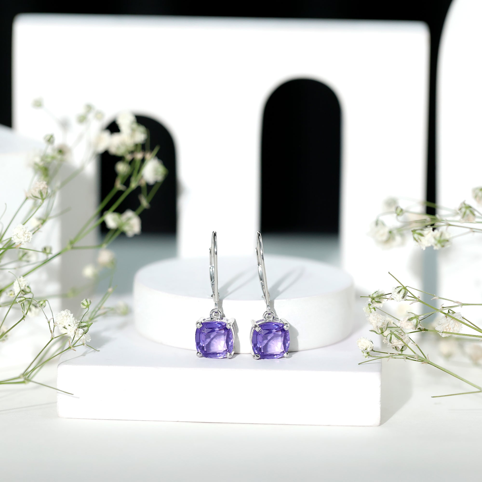 8MM Cushion Cut Lab Created Tanzanite Solitaire Drop Earrings AAAA - Rosec Jewels