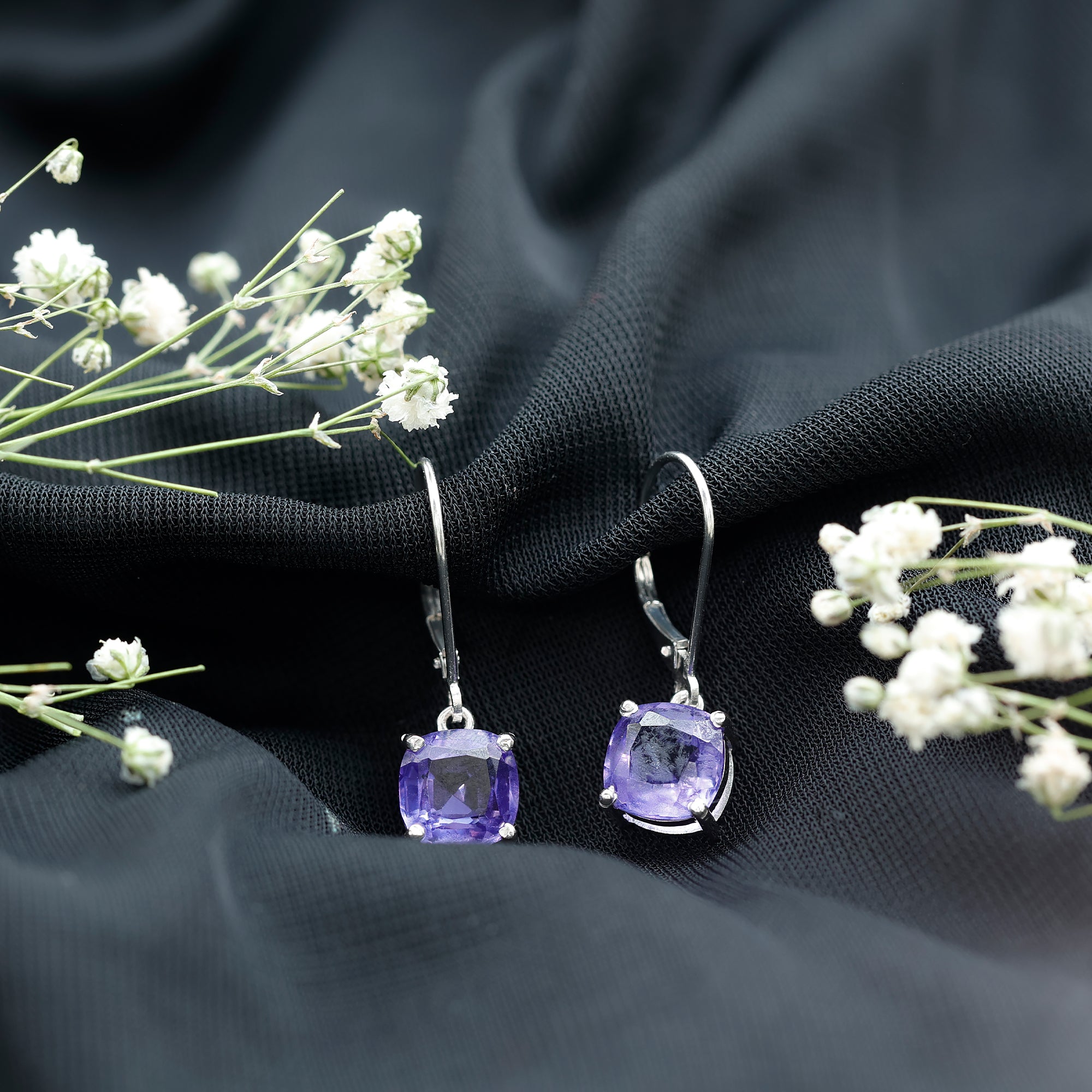 8MM Cushion Cut Lab Created Tanzanite Solitaire Drop Earrings AAAA - Rosec Jewels
