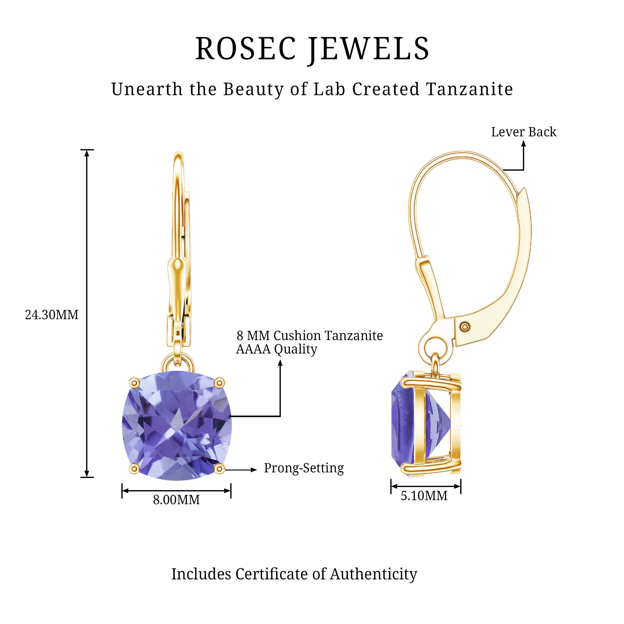 8MM Cushion Cut Lab Created Tanzanite Solitaire Drop Earrings AAAA - Rosec Jewels