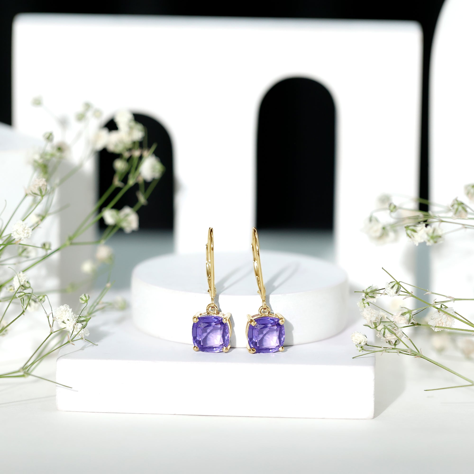 8MM Cushion Cut Lab Created Tanzanite Solitaire Drop Earrings AAAA - Rosec Jewels