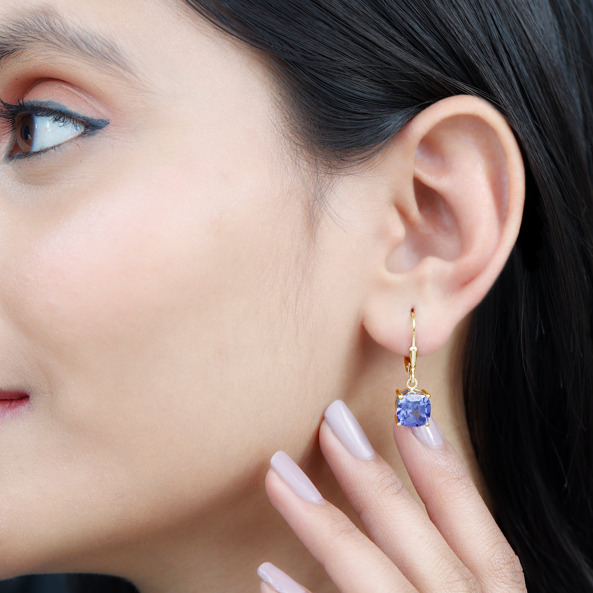 8MM Cushion Cut Lab Created Tanzanite Solitaire Drop Earrings AAAA - Rosec Jewels