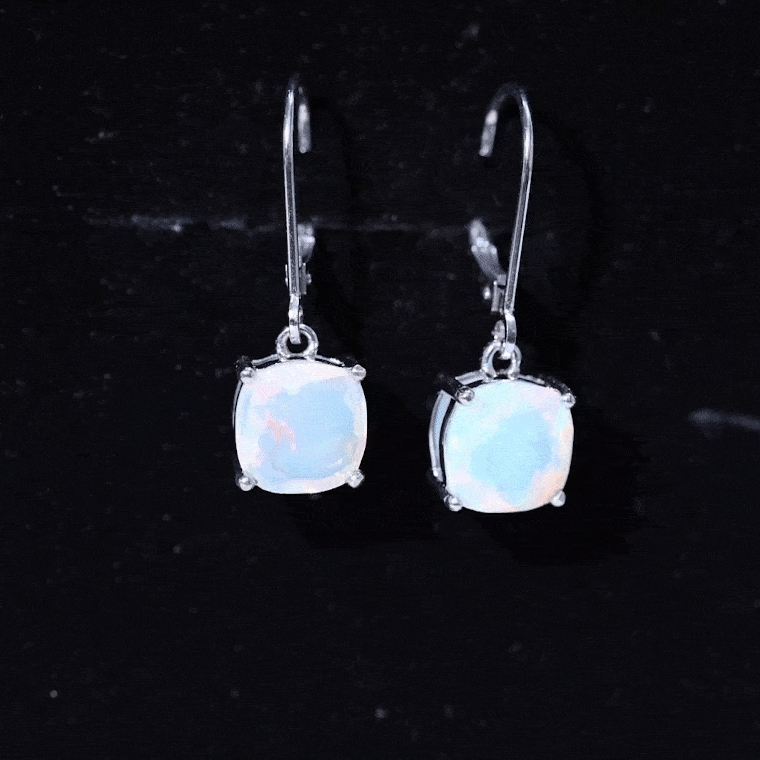 Cushion Cut Solitaire Ethiopian Opal Drop Earrings AAA - Rosec Jewels