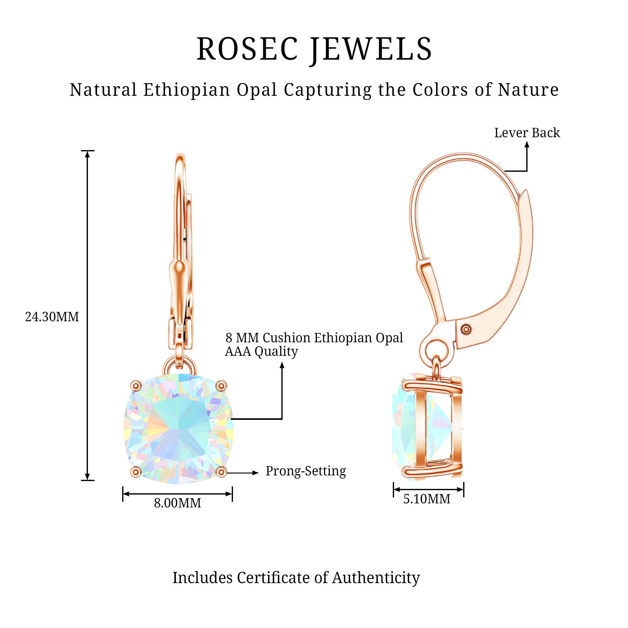 Cushion Cut Solitaire Ethiopian Opal Drop Earrings AAA - Rosec Jewels