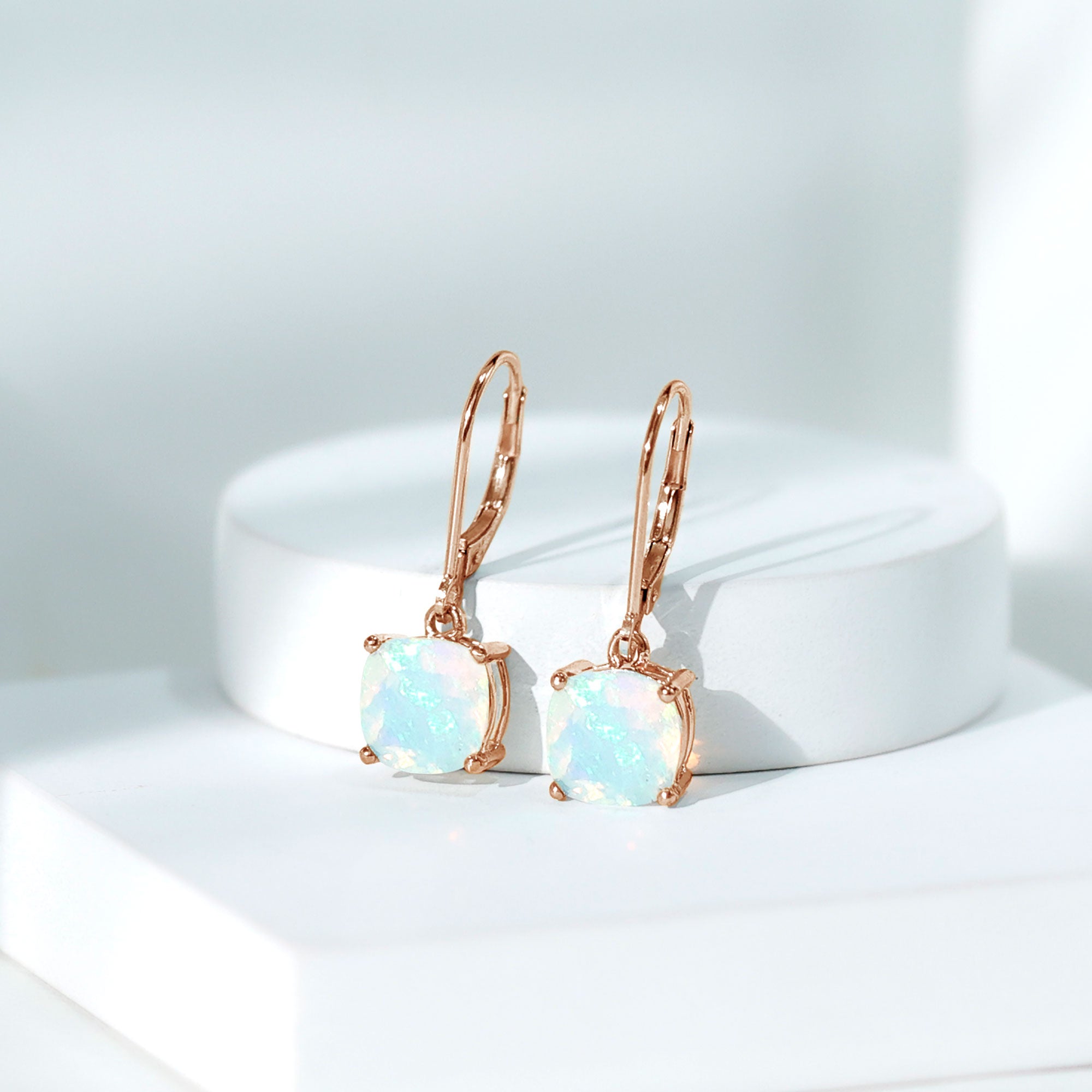 Cushion Cut Solitaire Ethiopian Opal Drop Earrings AAA - Rosec Jewels