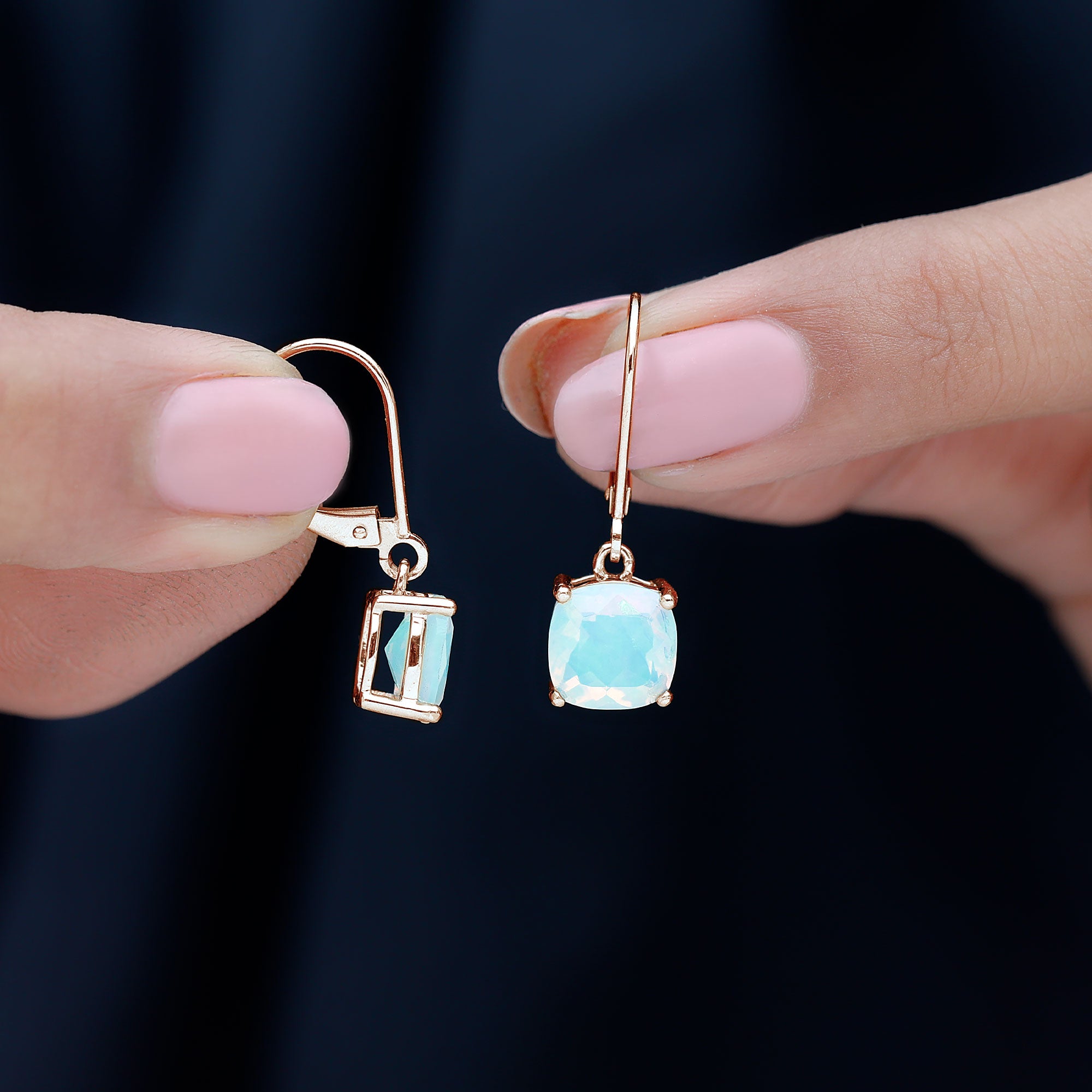 Cushion Cut Solitaire Ethiopian Opal Drop Earrings AAA - Rosec Jewels