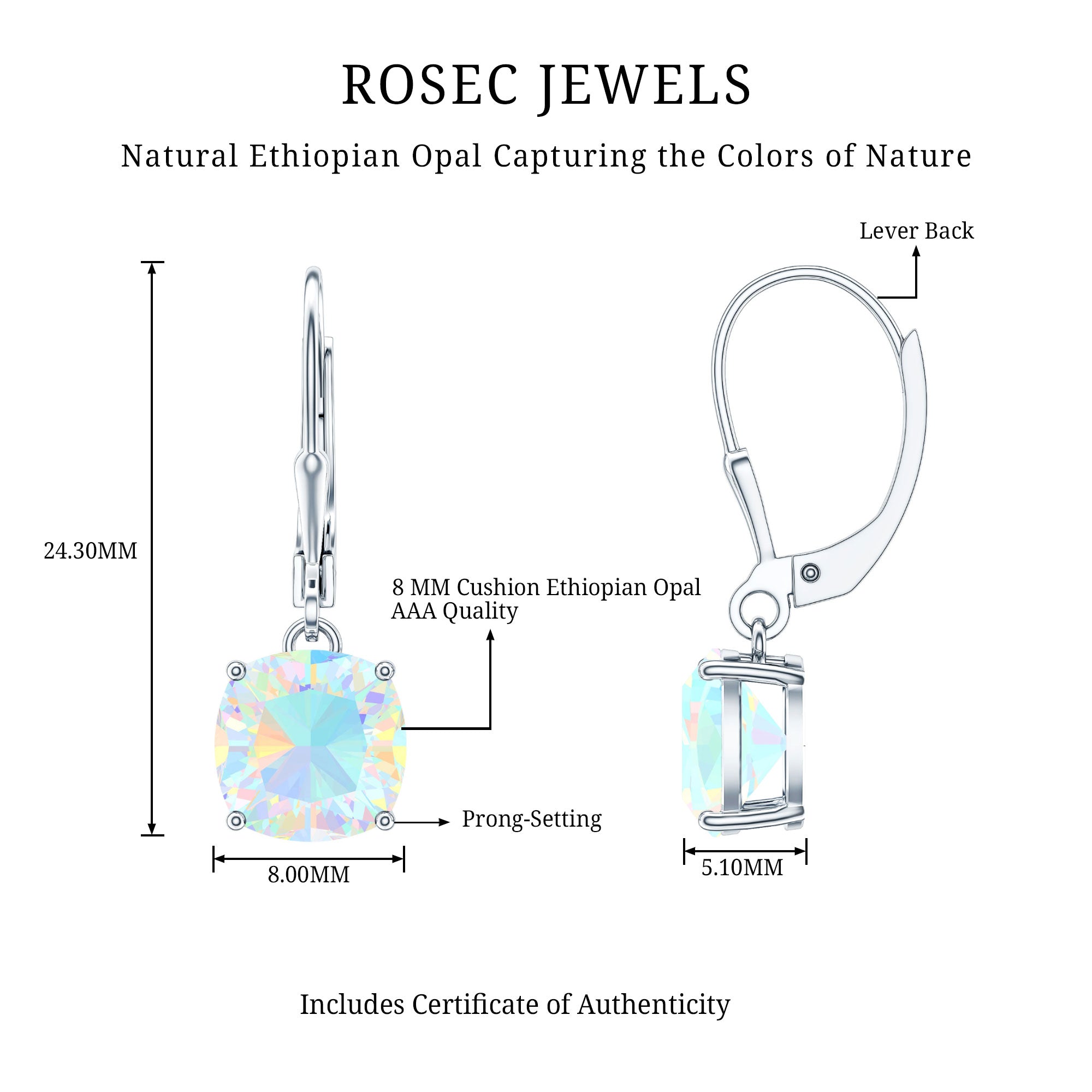 Cushion Cut Solitaire Ethiopian Opal Drop Earrings AAA - Rosec Jewels