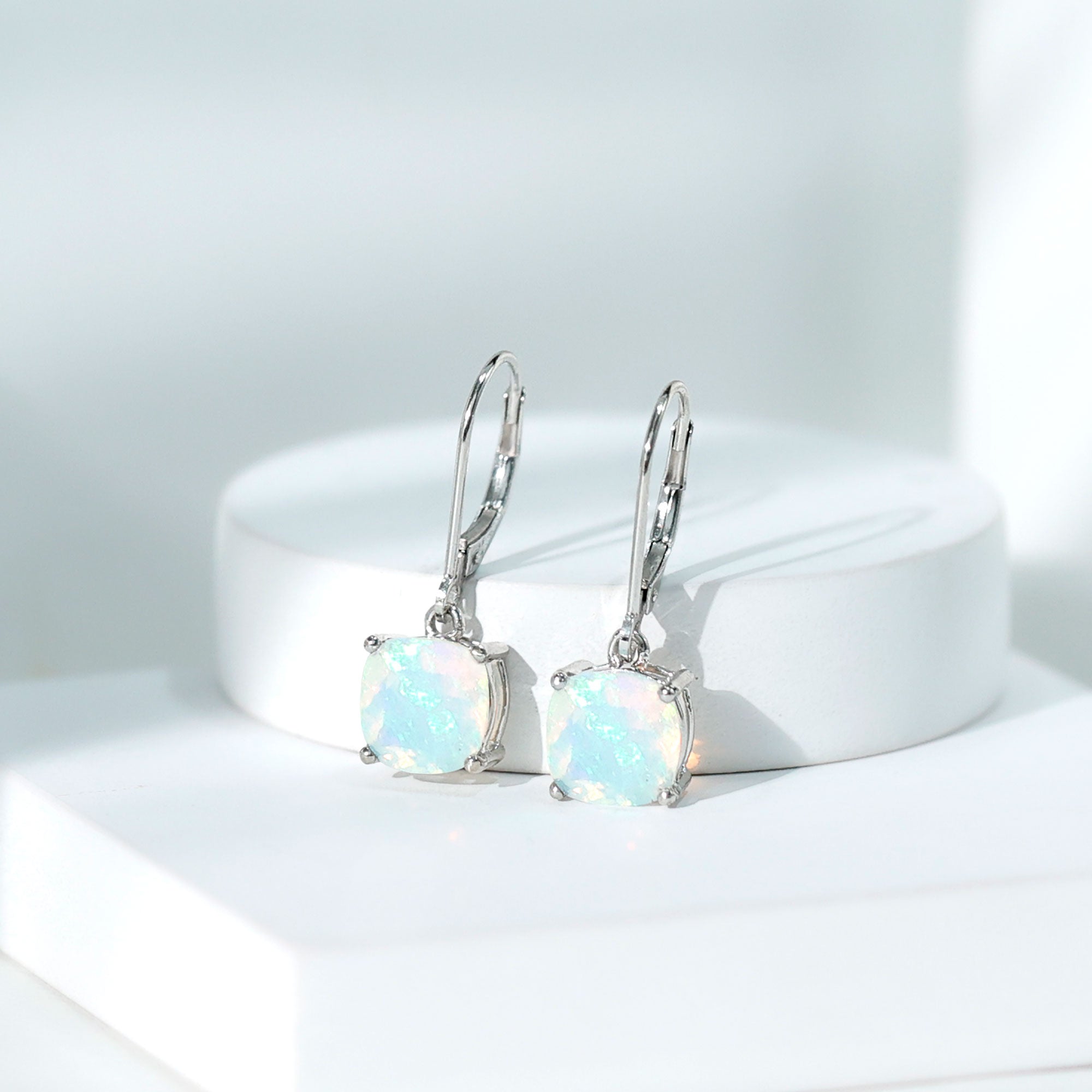 Cushion Cut Solitaire Ethiopian Opal Drop Earrings AAA - Rosec Jewels