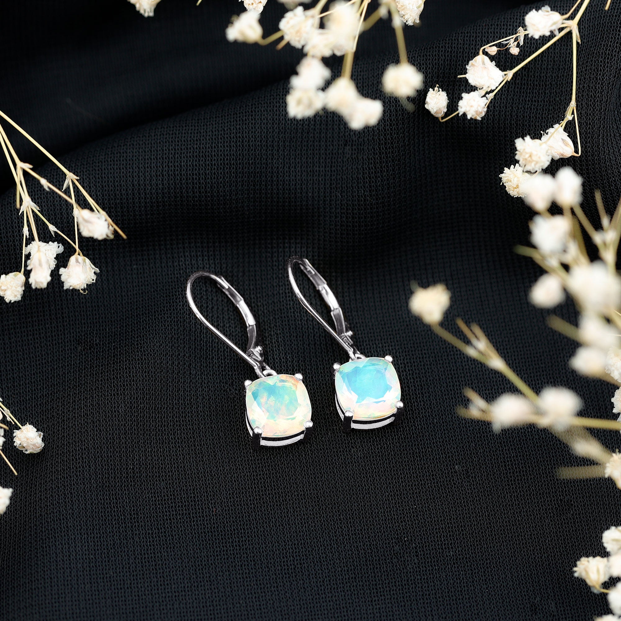 Cushion Cut Solitaire Ethiopian Opal Drop Earrings AAA - Rosec Jewels
