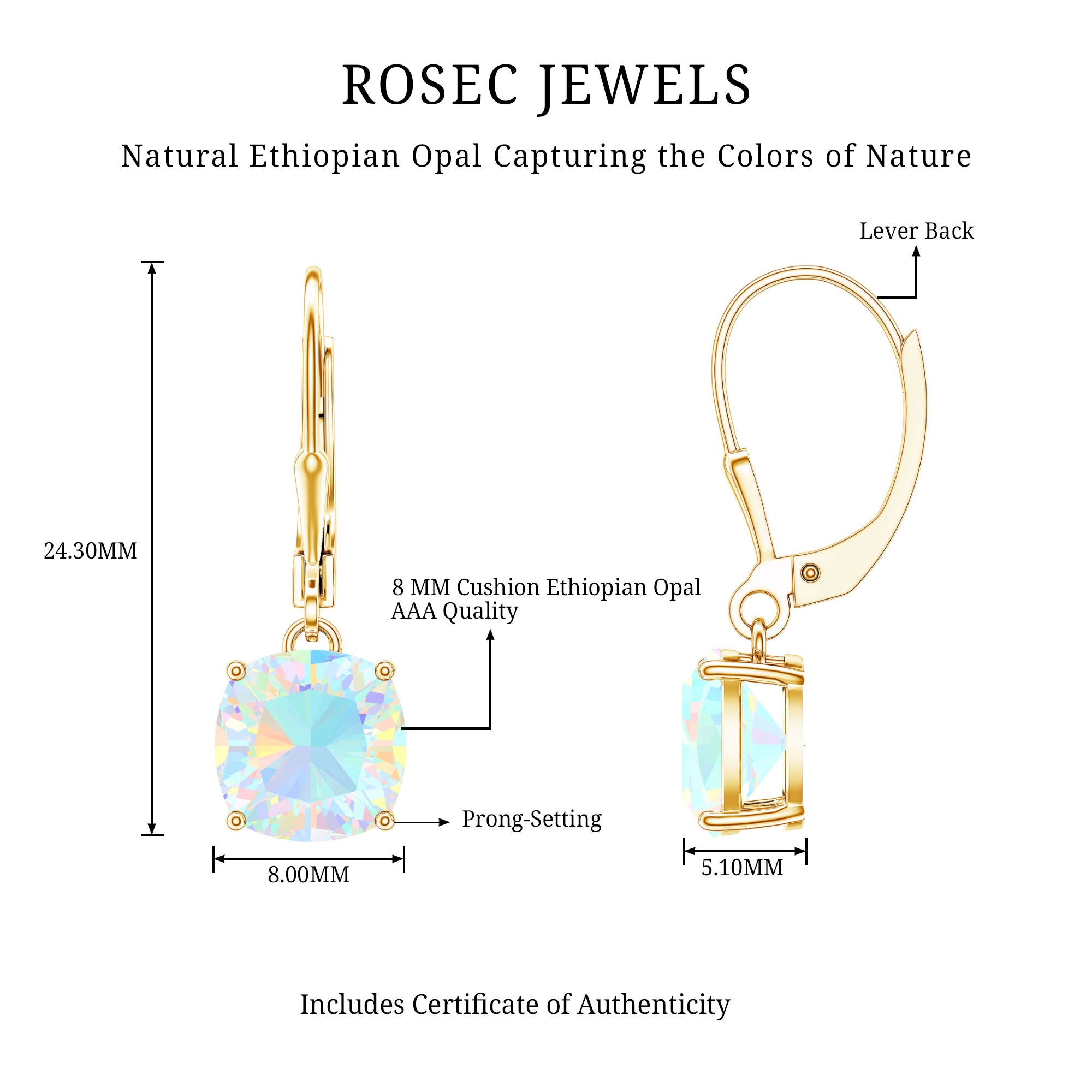 Cushion Cut Solitaire Ethiopian Opal Drop Earrings AAA - Rosec Jewels