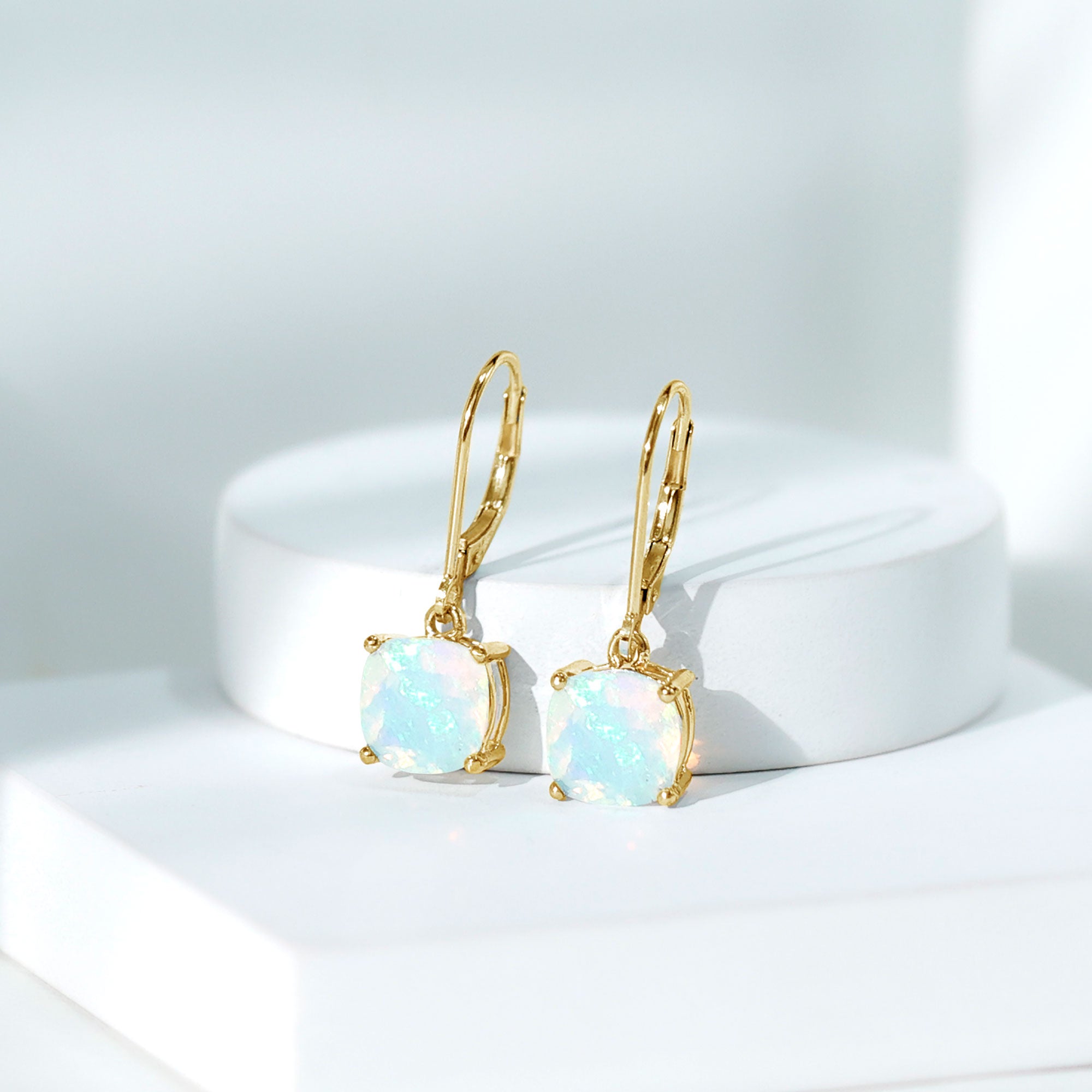 Cushion Cut Solitaire Ethiopian Opal Drop Earrings AAA - Rosec Jewels