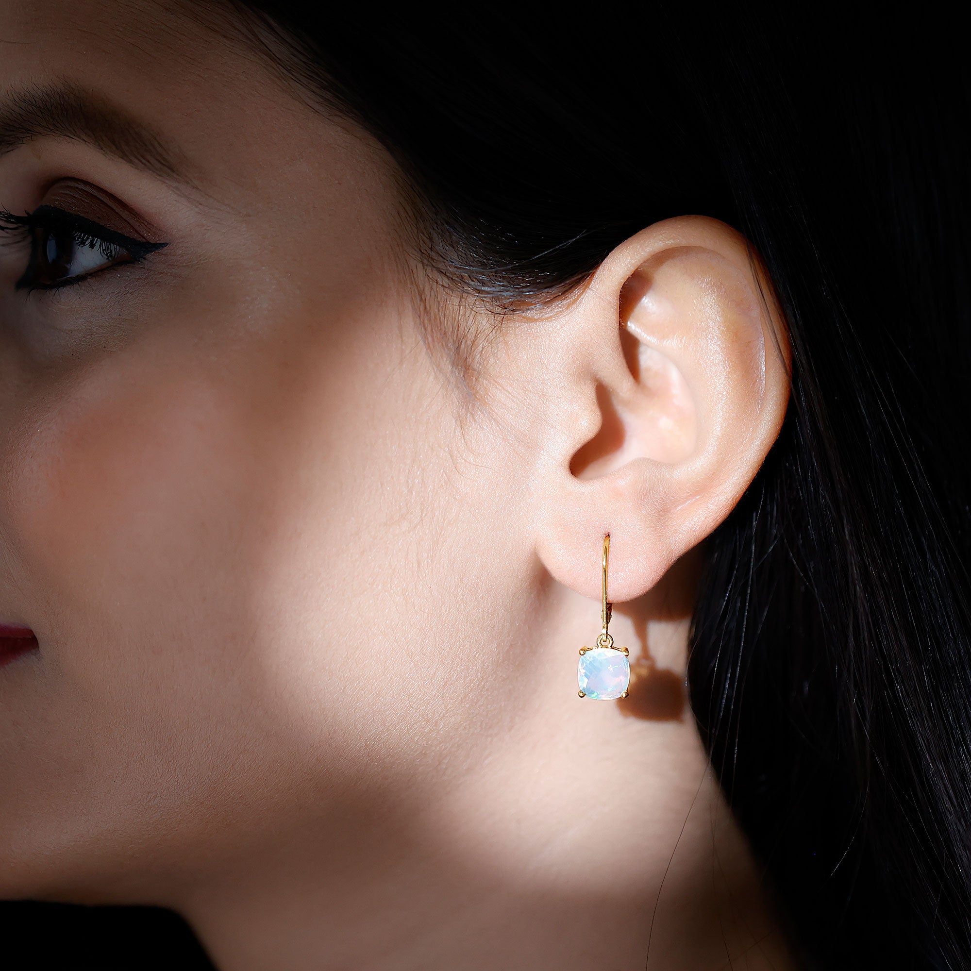 Cushion Cut Solitaire Ethiopian Opal Drop Earrings AAA - Rosec Jewels