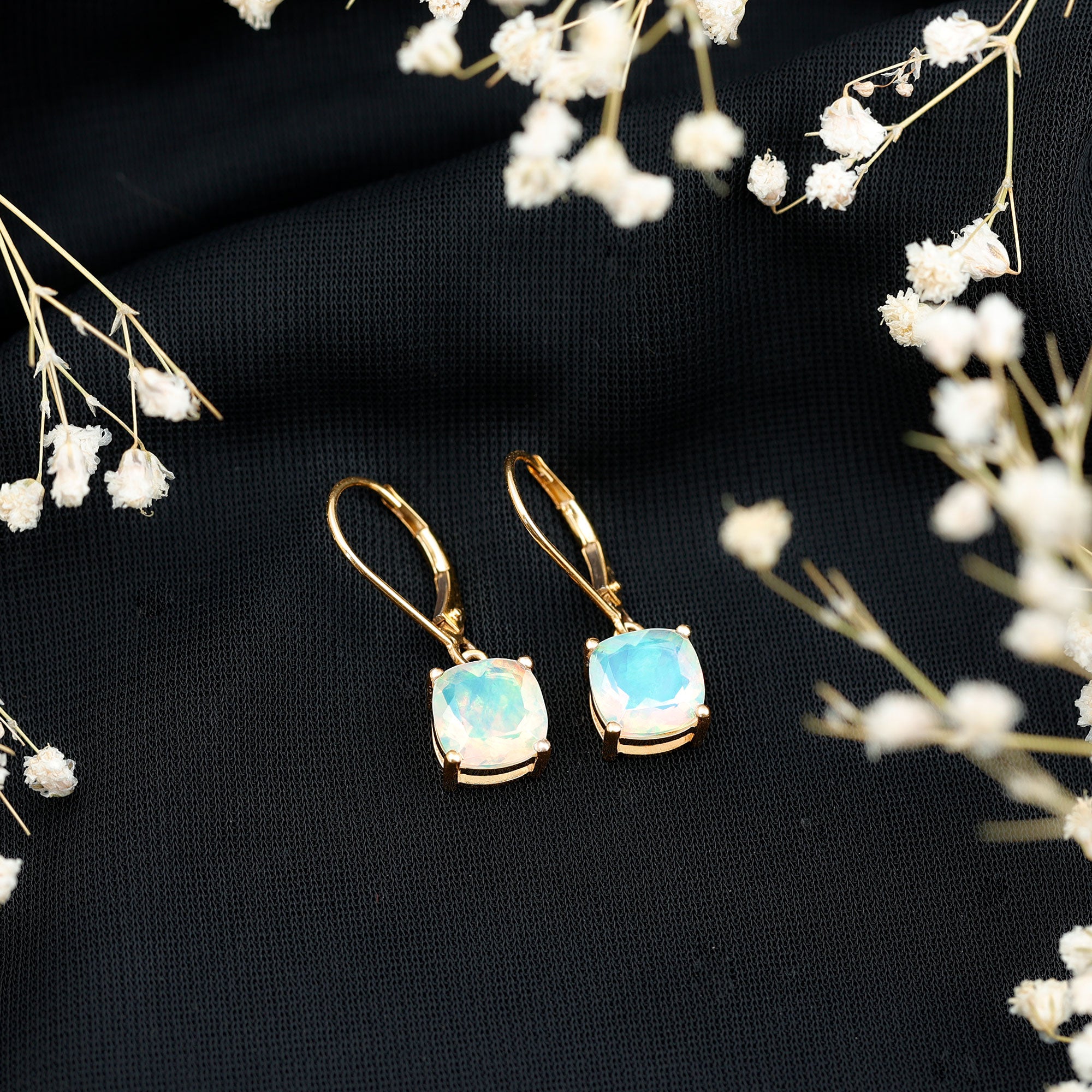 Cushion Cut Solitaire Ethiopian Opal Drop Earrings AAA - Rosec Jewels