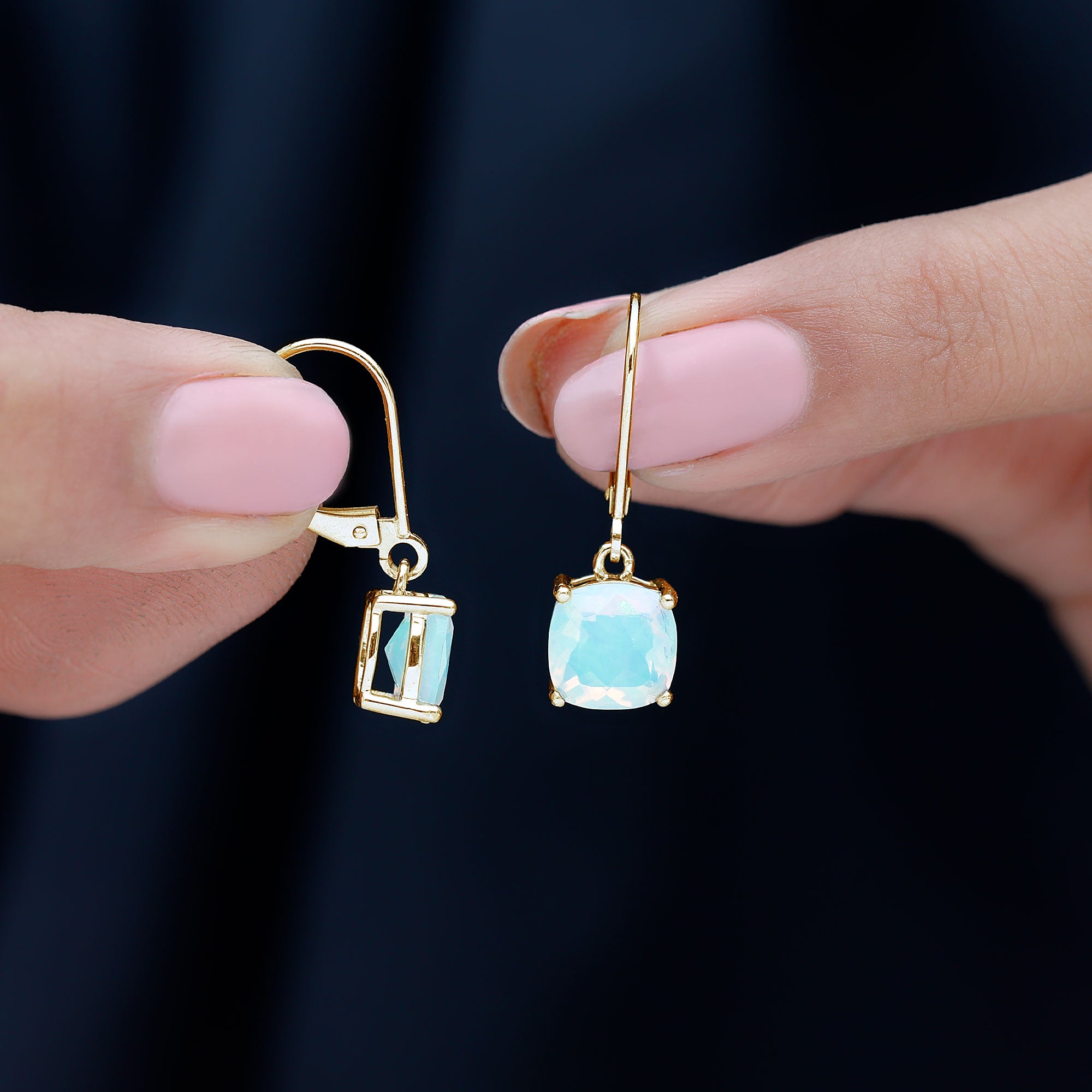Cushion Cut Solitaire Ethiopian Opal Drop Earrings AAA - Rosec Jewels