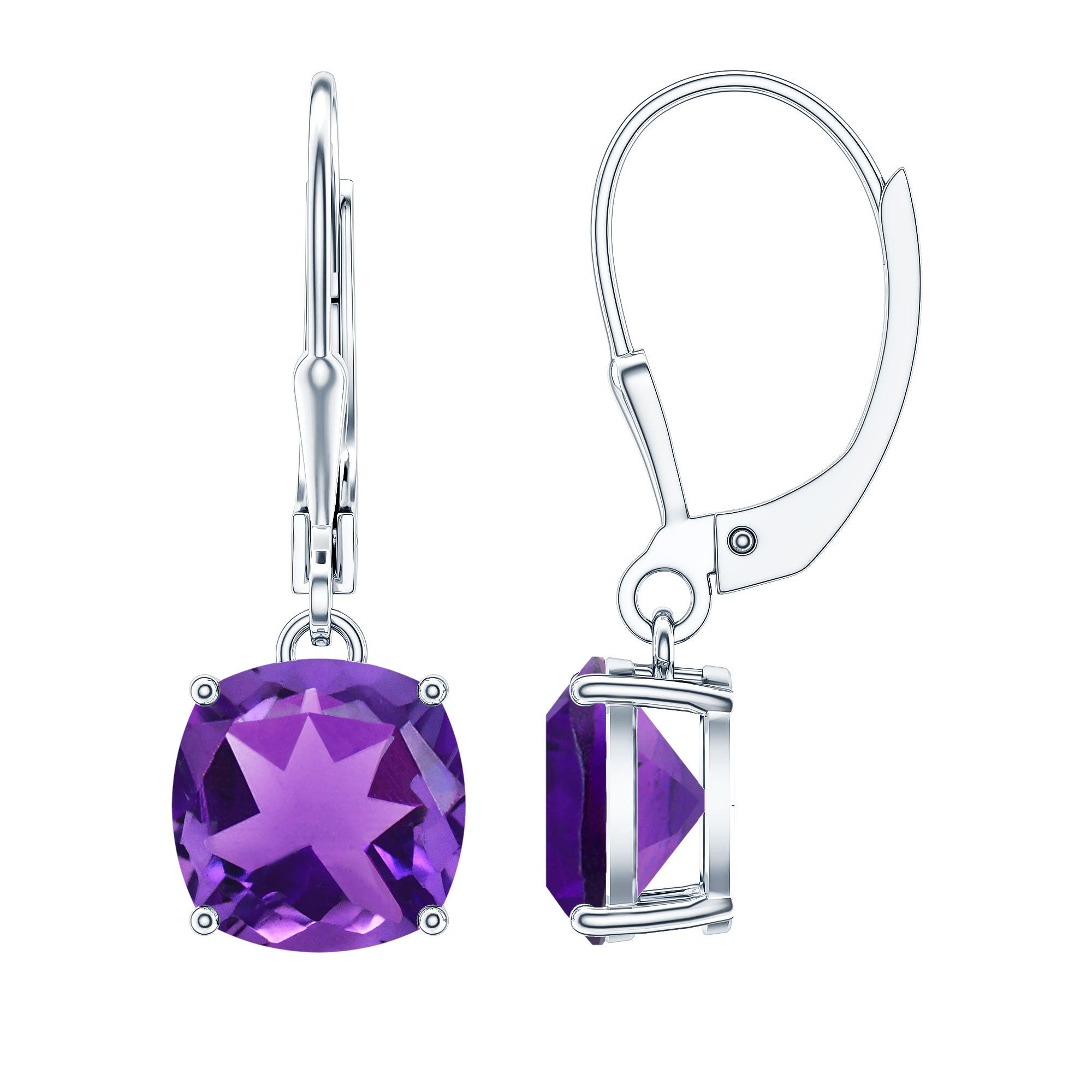 Natural 8mm Cushion Cut Amethyst Drop Earrings with Lever Back AAA - Rosec Jewels