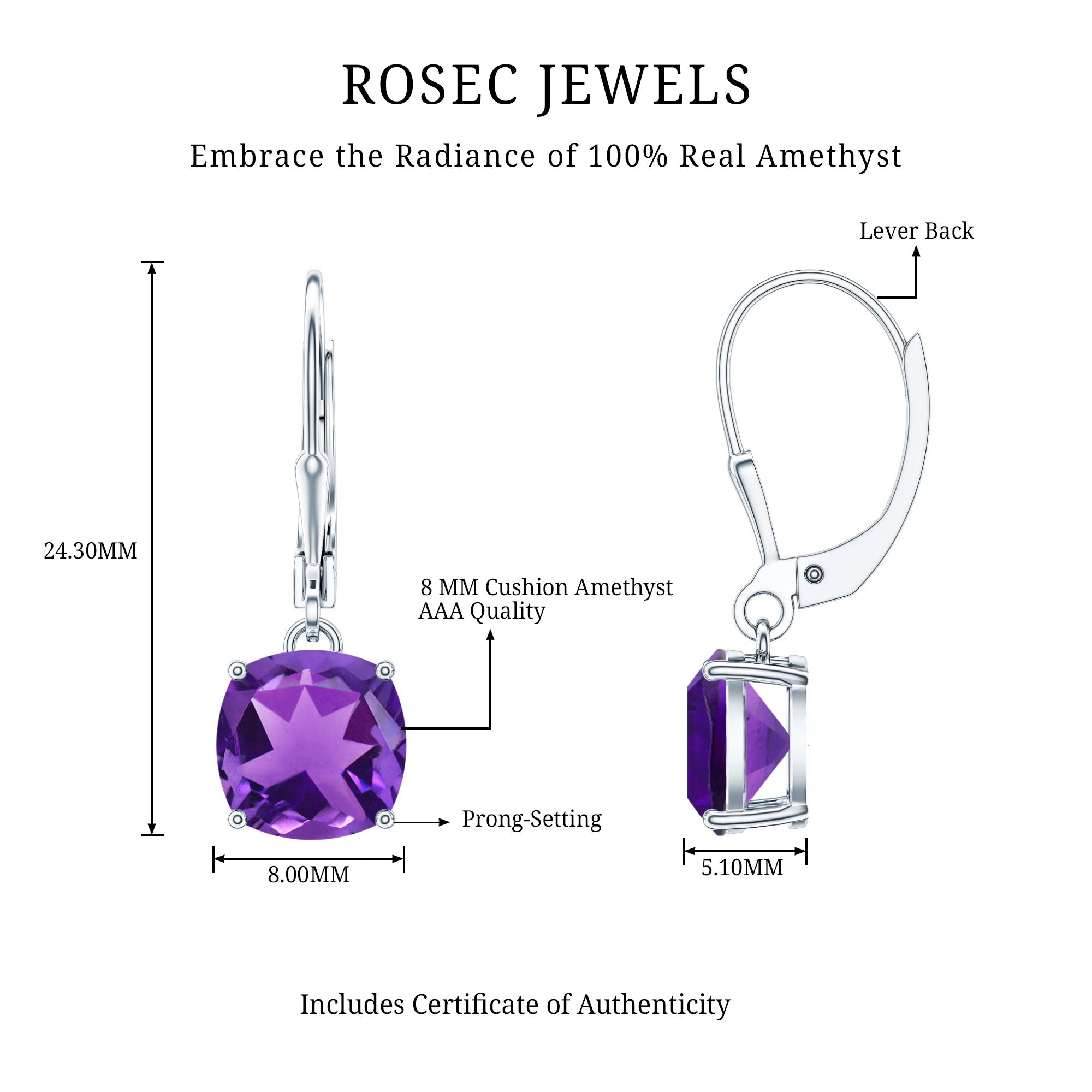 Natural 8mm Cushion Cut Amethyst Drop Earrings with Lever Back AAA - Rosec Jewels