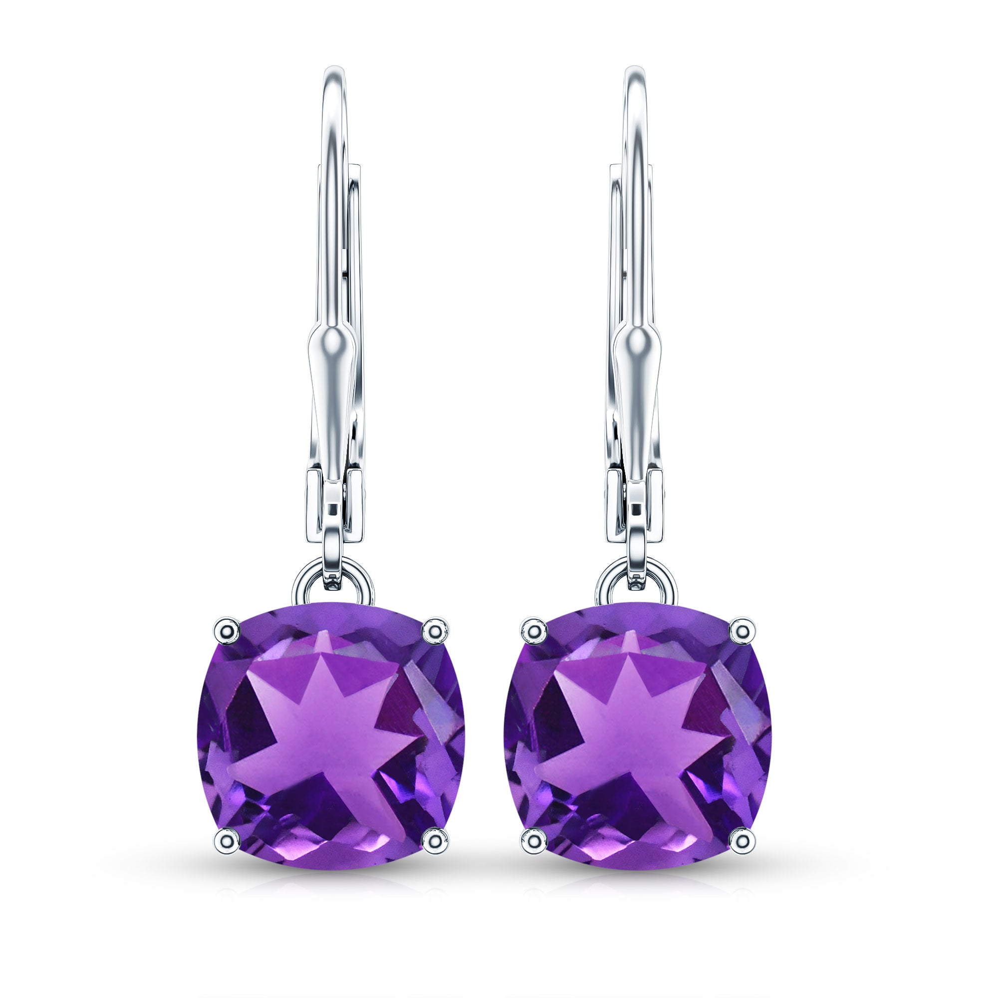 Natural 8mm Cushion Cut Amethyst Drop Earrings with Lever Back AAA - Rosec Jewels