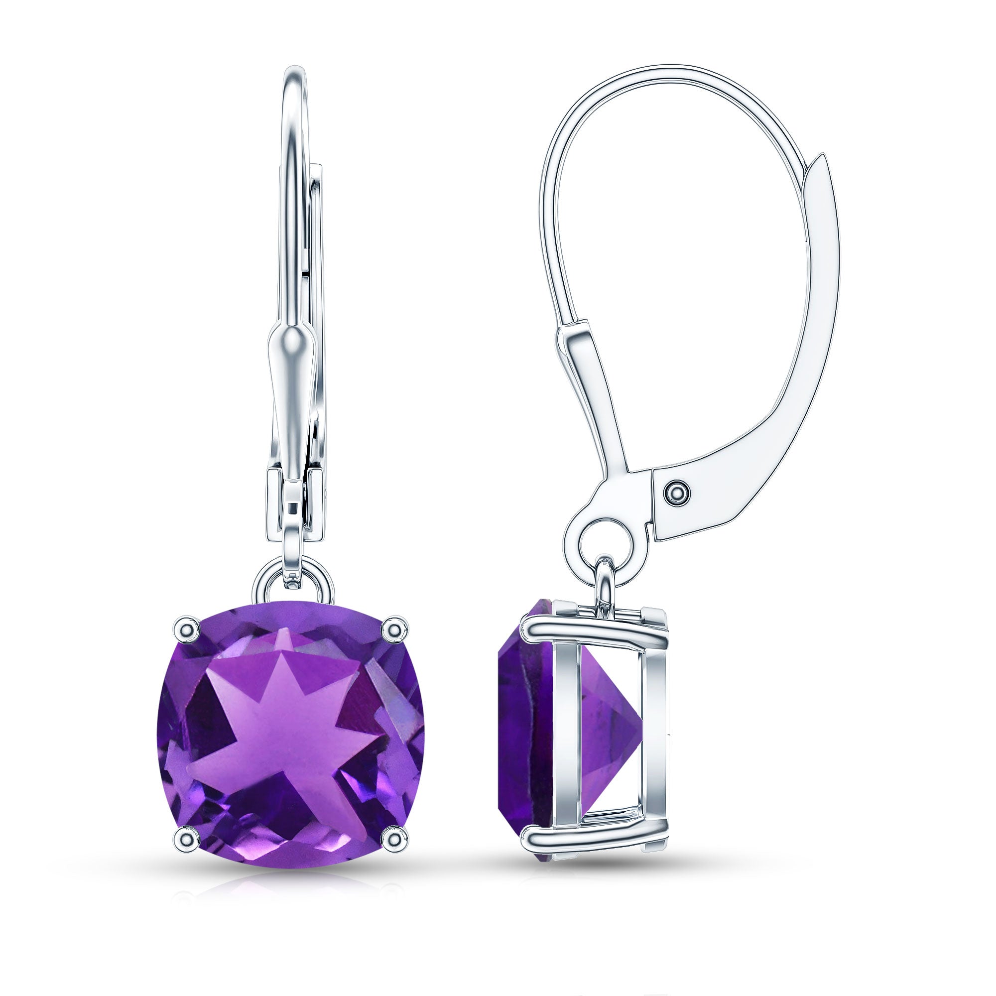 Natural 8mm Cushion Cut Amethyst Drop Earrings with Lever Back AAA - Rosec Jewels