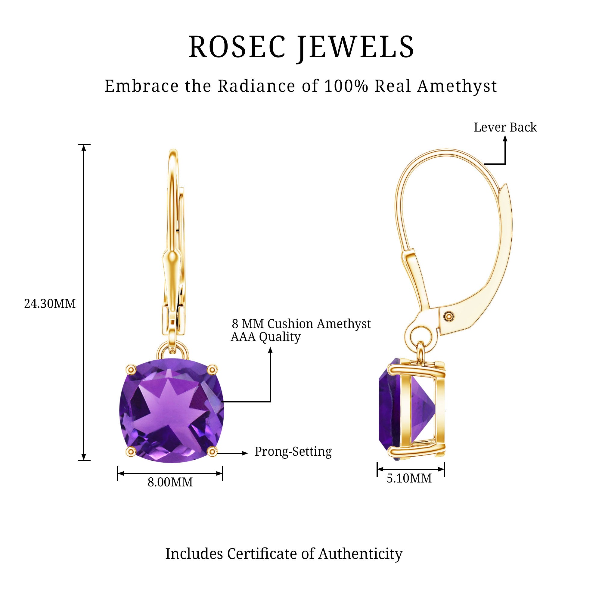 Natural 8mm Cushion Cut Amethyst Drop Earrings with Lever Back AAA - Rosec Jewels