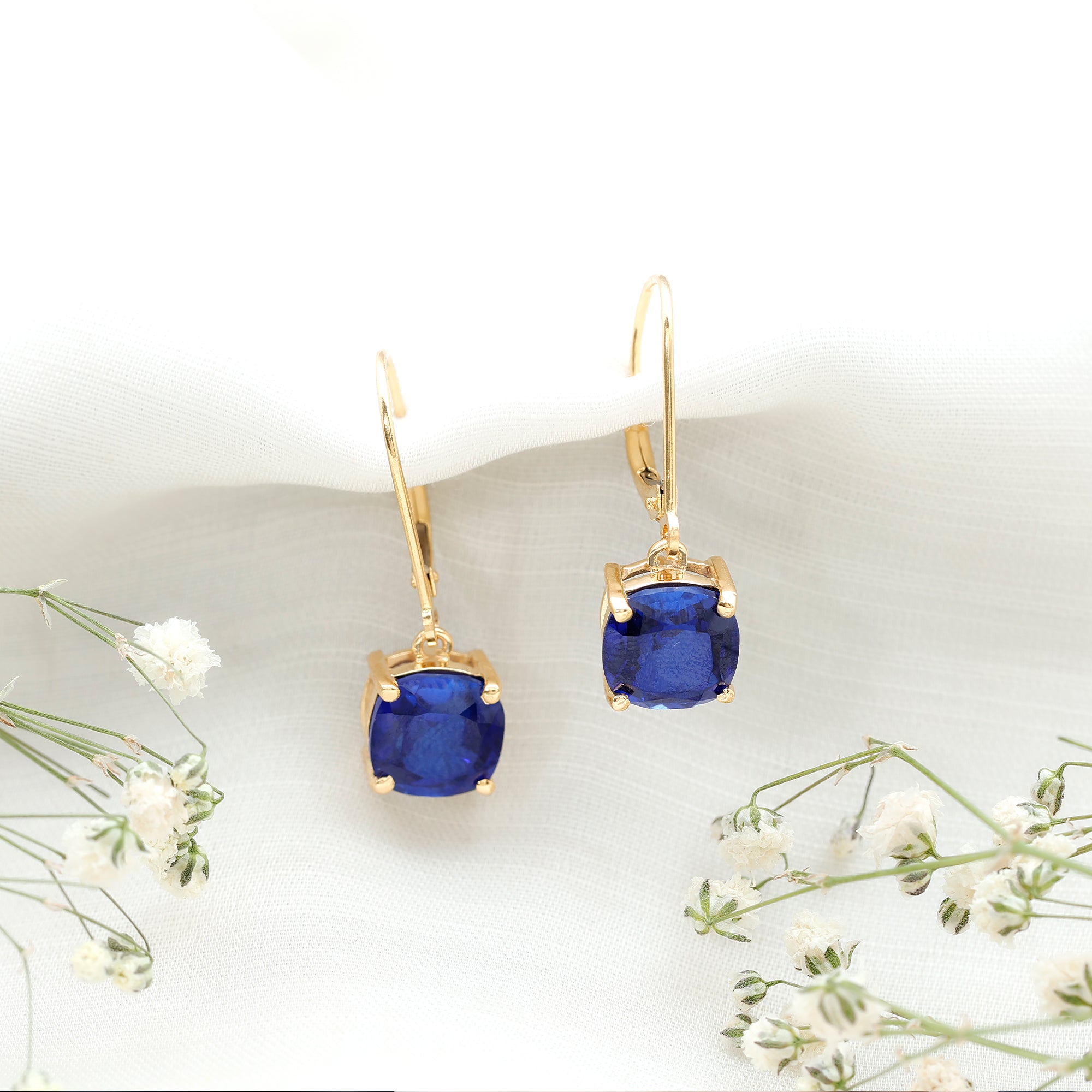 Cushion Cut Lab Grown Blue Sapphire Drop Hoop Earrings AAAA - Rosec Jewels