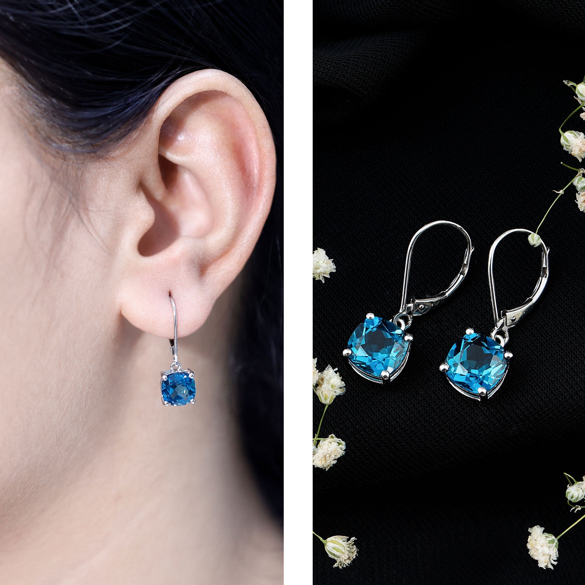 Cushion Cut London Blue Topaz Solitaire Drop Earrings AAA - Rosec Jewels