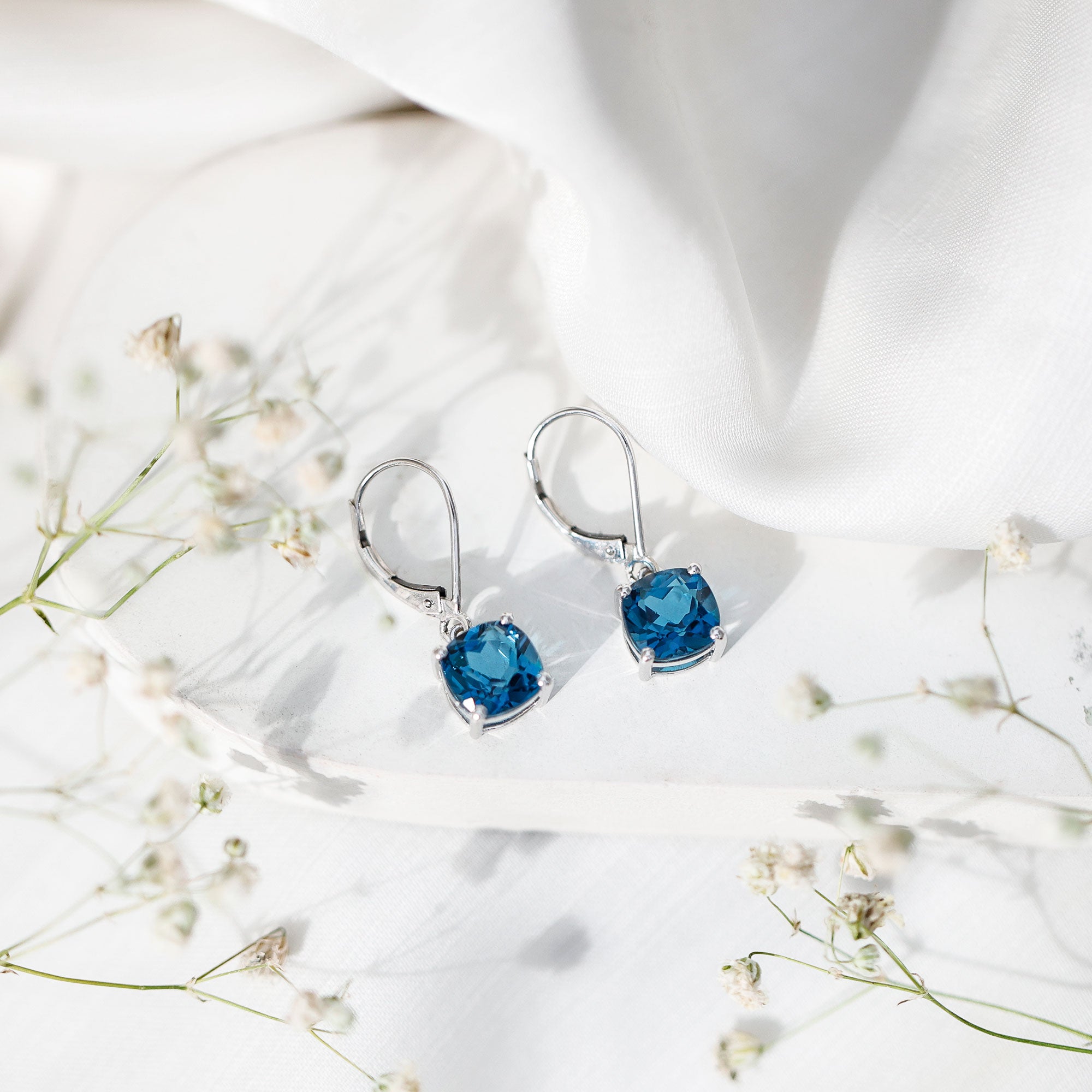 Cushion Cut London Blue Topaz Solitaire Drop Earrings AAA - Rosec Jewels