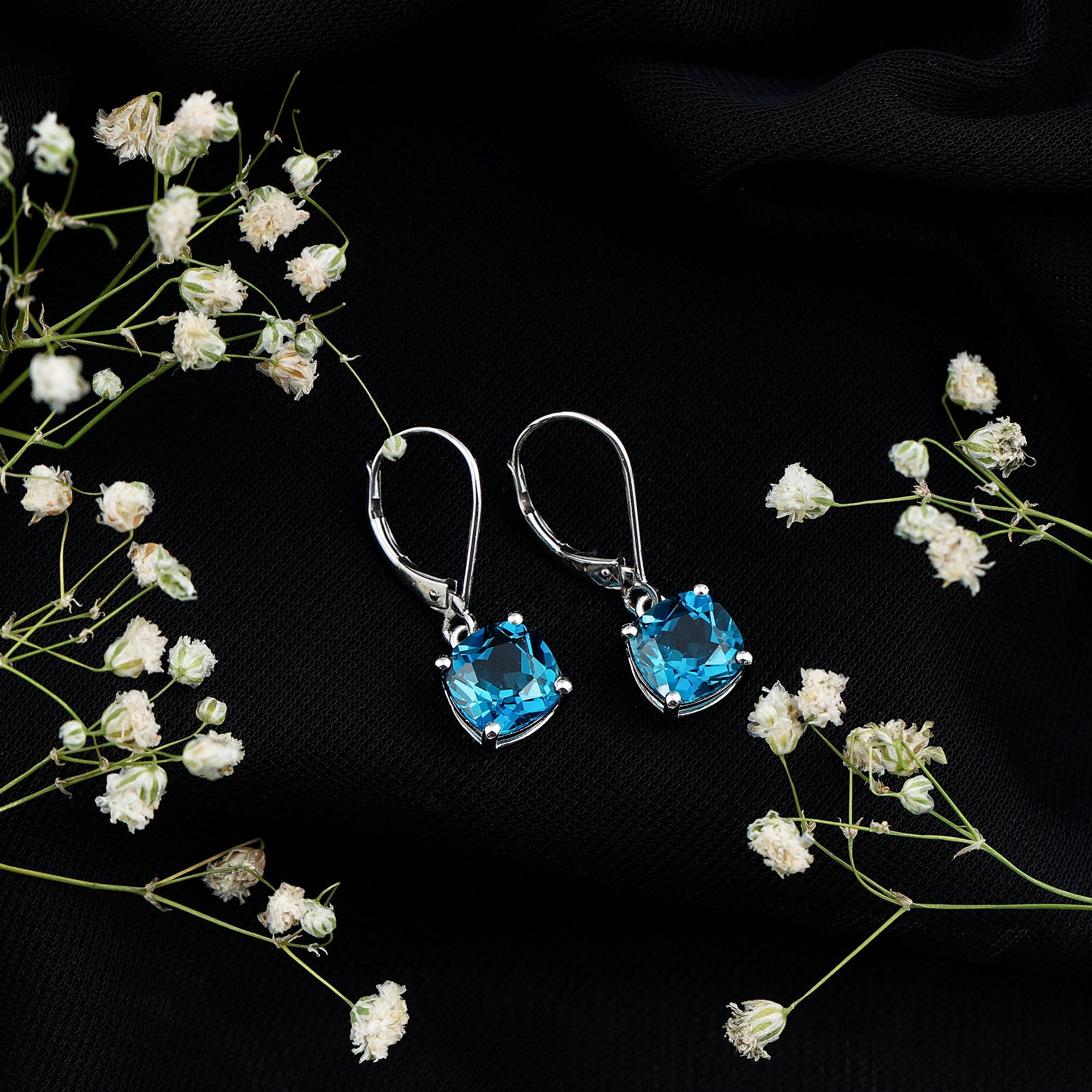 Cushion Cut London Blue Topaz Solitaire Drop Earrings AAA - Rosec Jewels
