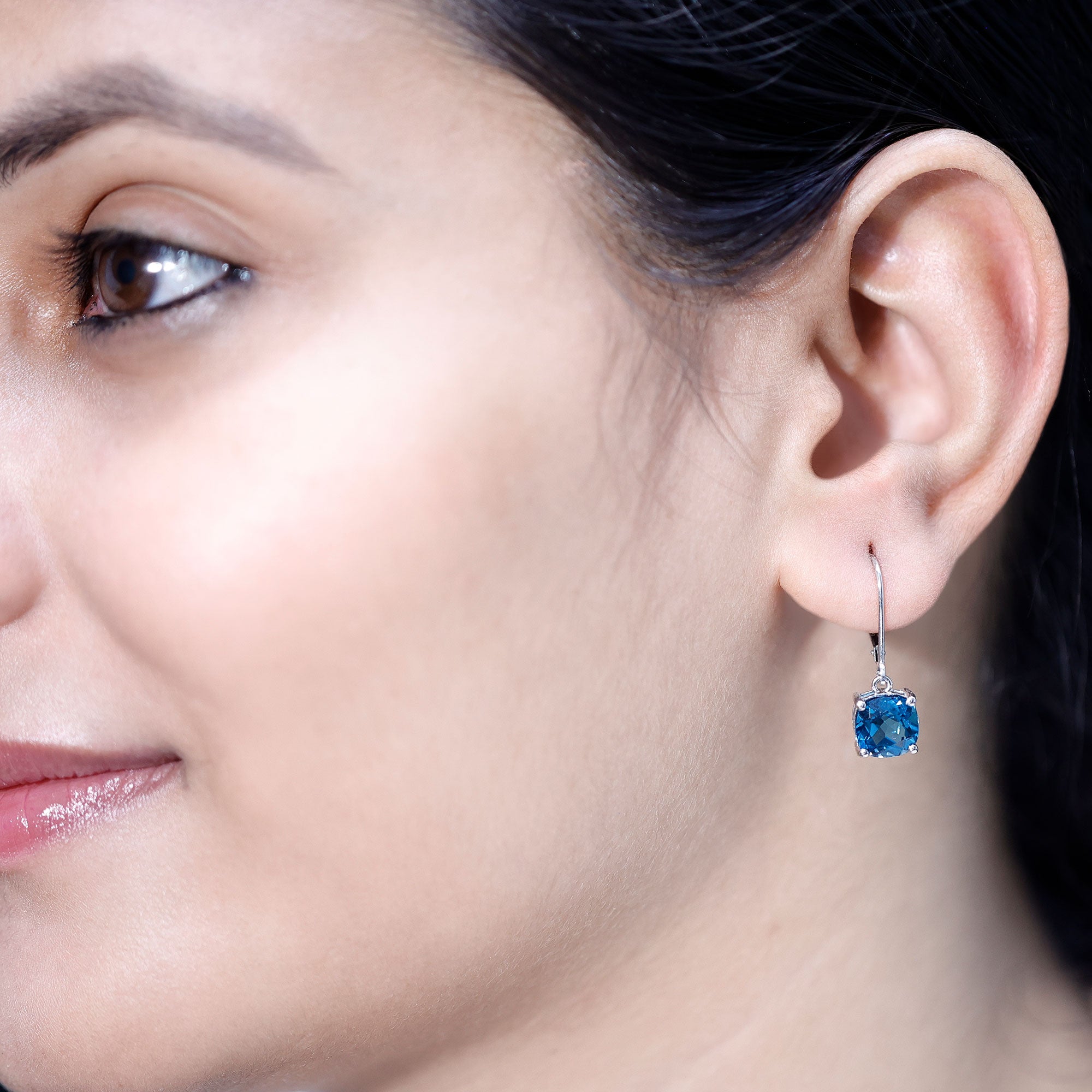 Cushion Cut London Blue Topaz Solitaire Drop Earrings AAA - Rosec Jewels