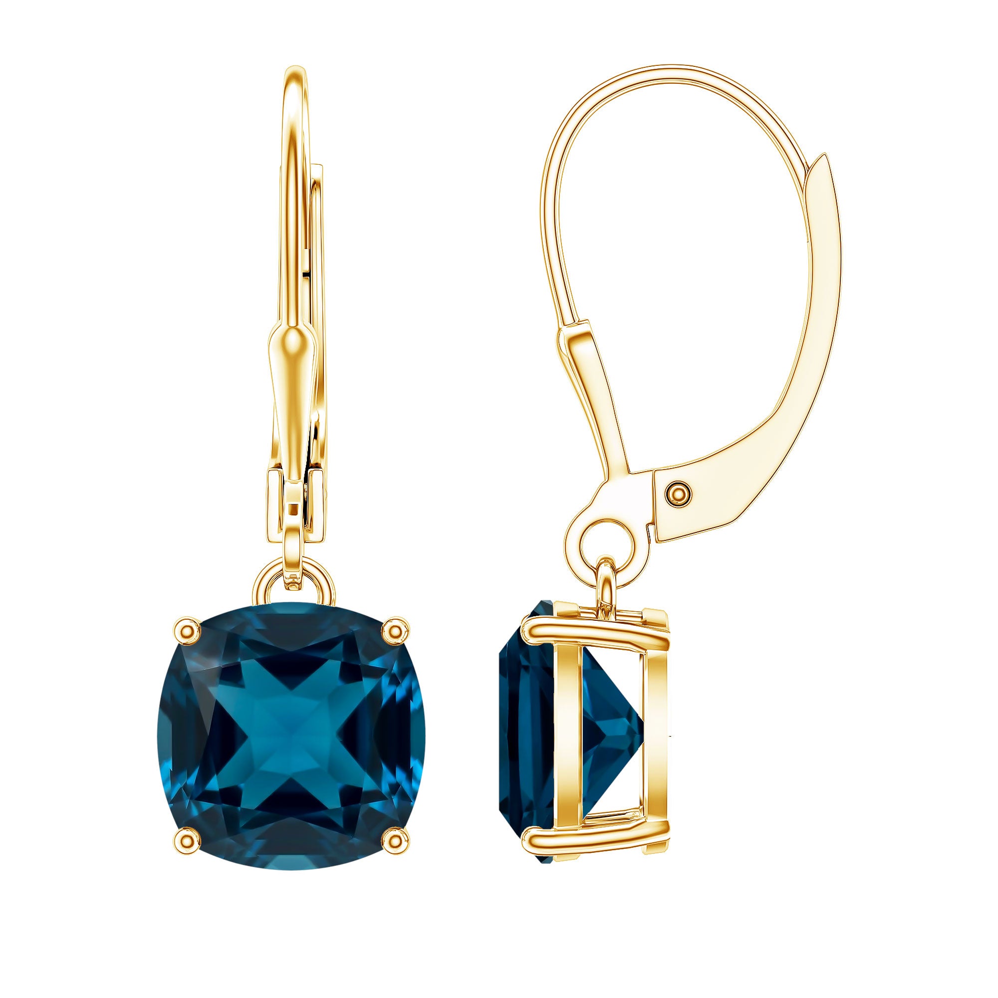 Cushion Cut London Blue Topaz Solitaire Drop Earrings AAA - Rosec Jewels