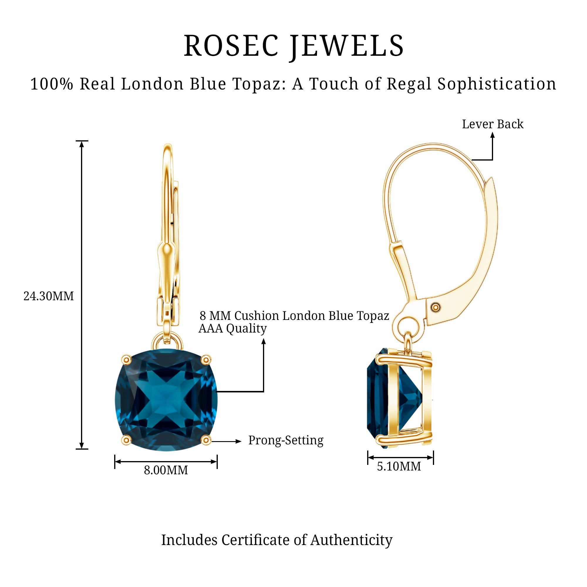 Cushion Cut London Blue Topaz Solitaire Drop Earrings AAA - Rosec Jewels