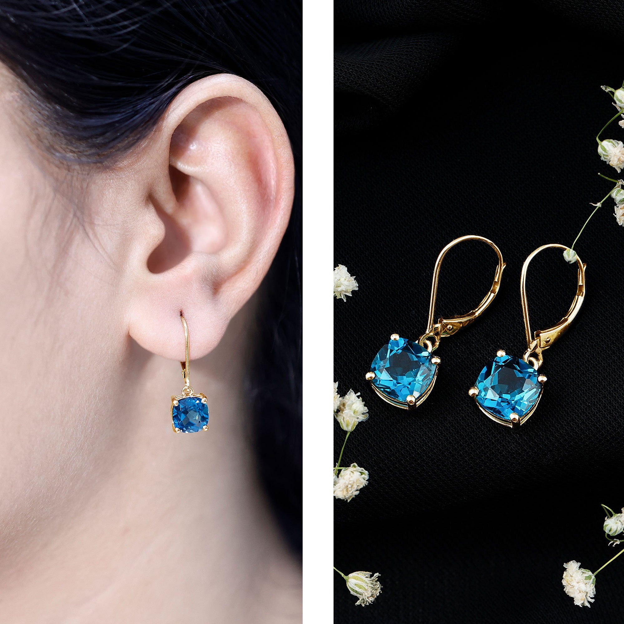 Cushion Cut London Blue Topaz Solitaire Drop Earrings AAA - Rosec Jewels