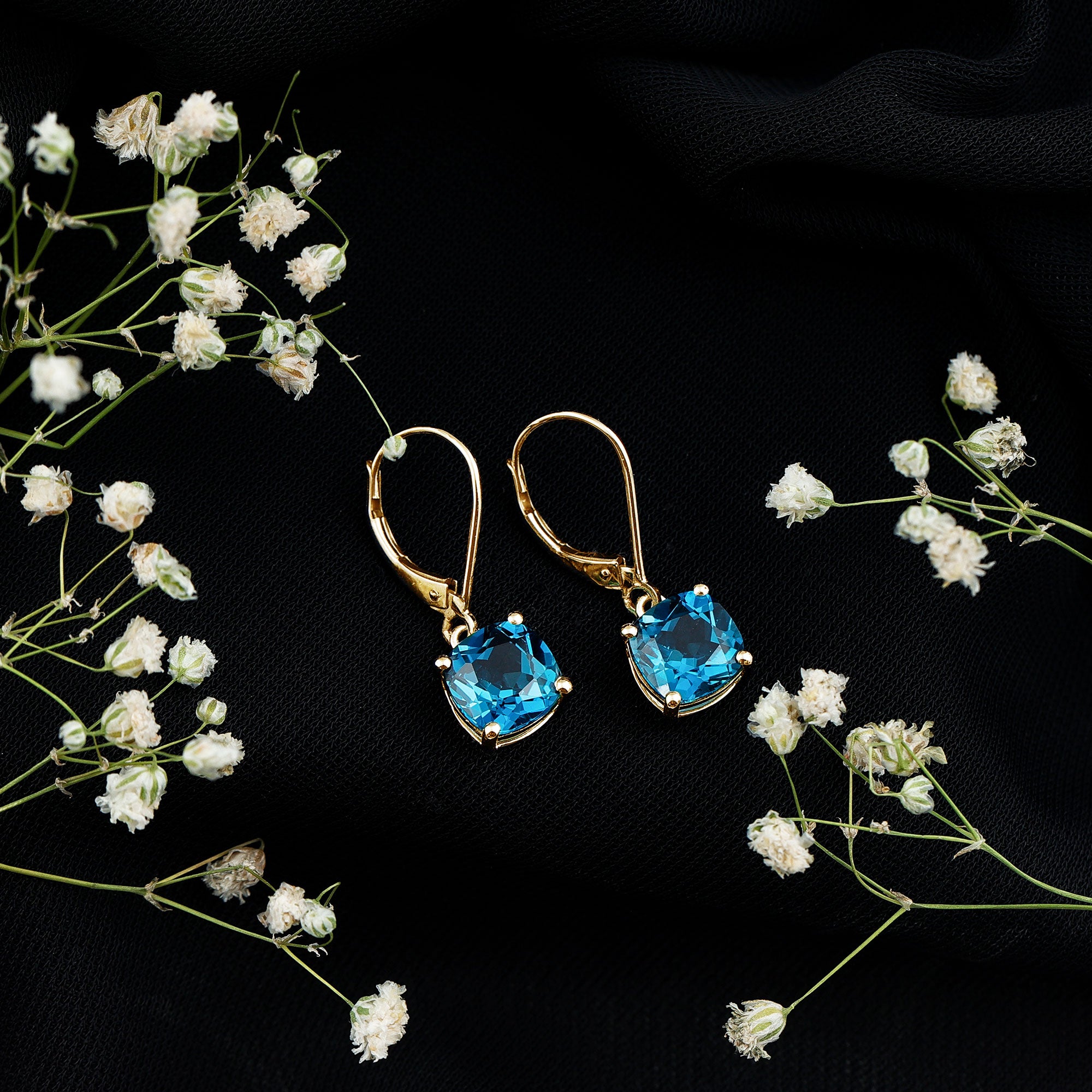 Cushion Cut London Blue Topaz Solitaire Drop Earrings AAA - Rosec Jewels