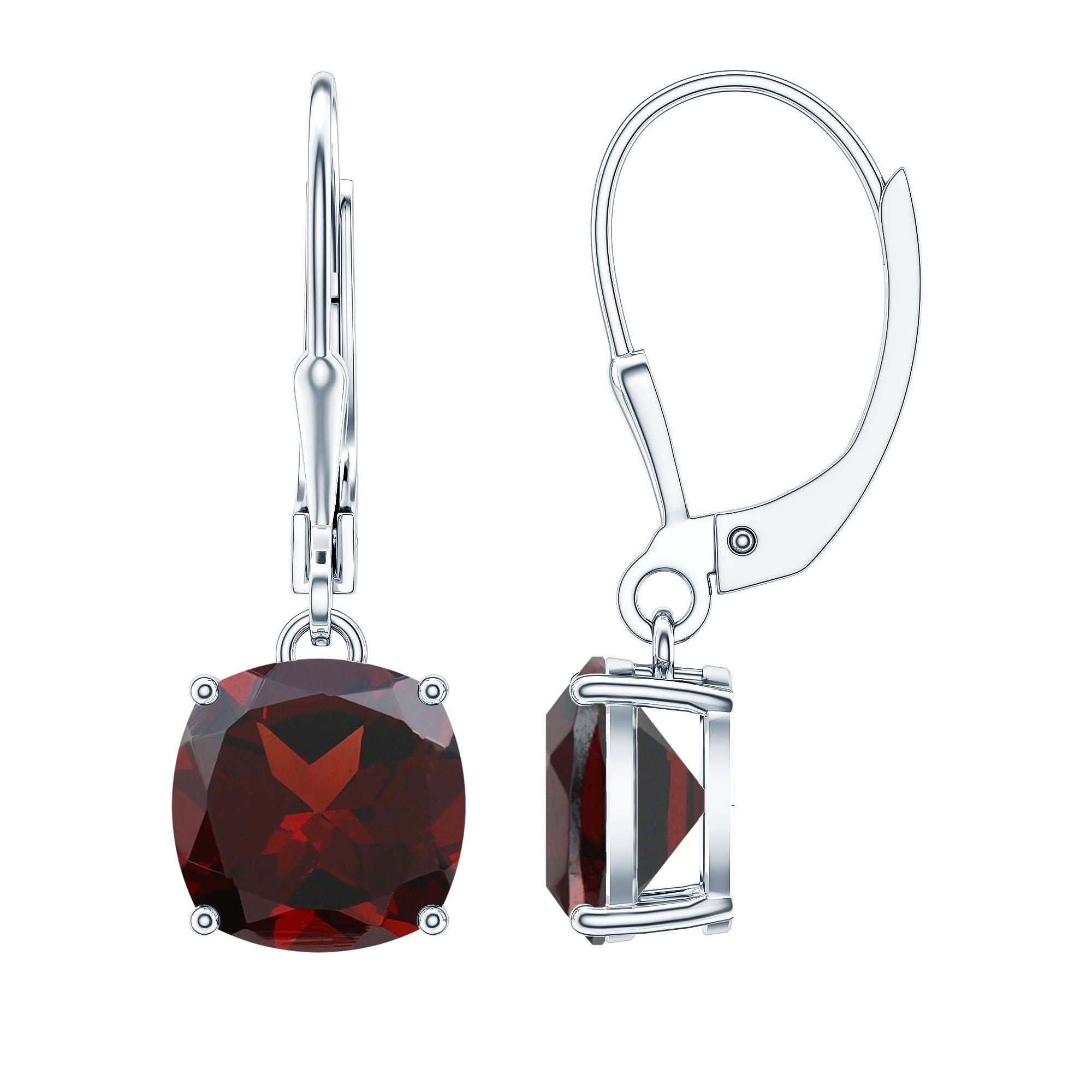 8 MM Cushion Cut Garnet Solitaire Drop Earrings with Lever Back AAA - Rosec Jewels