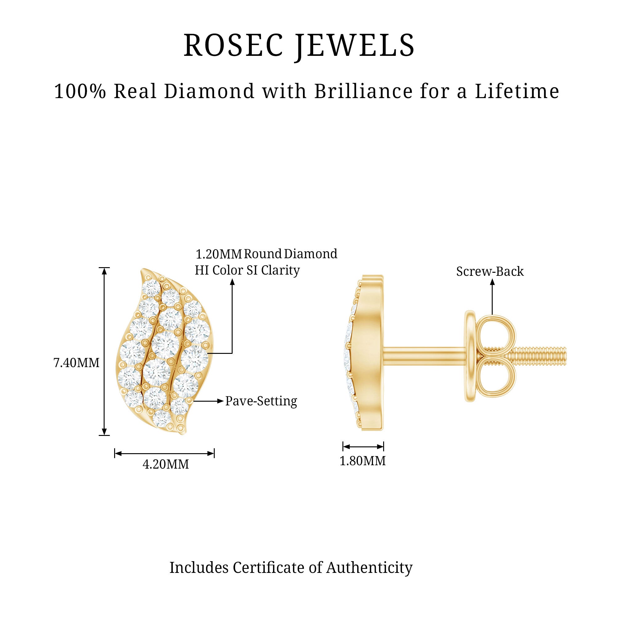 Nature Inspired Diamond Leaf Stud Earrings Natural - ( HI-SI ) - Rosec Jewels