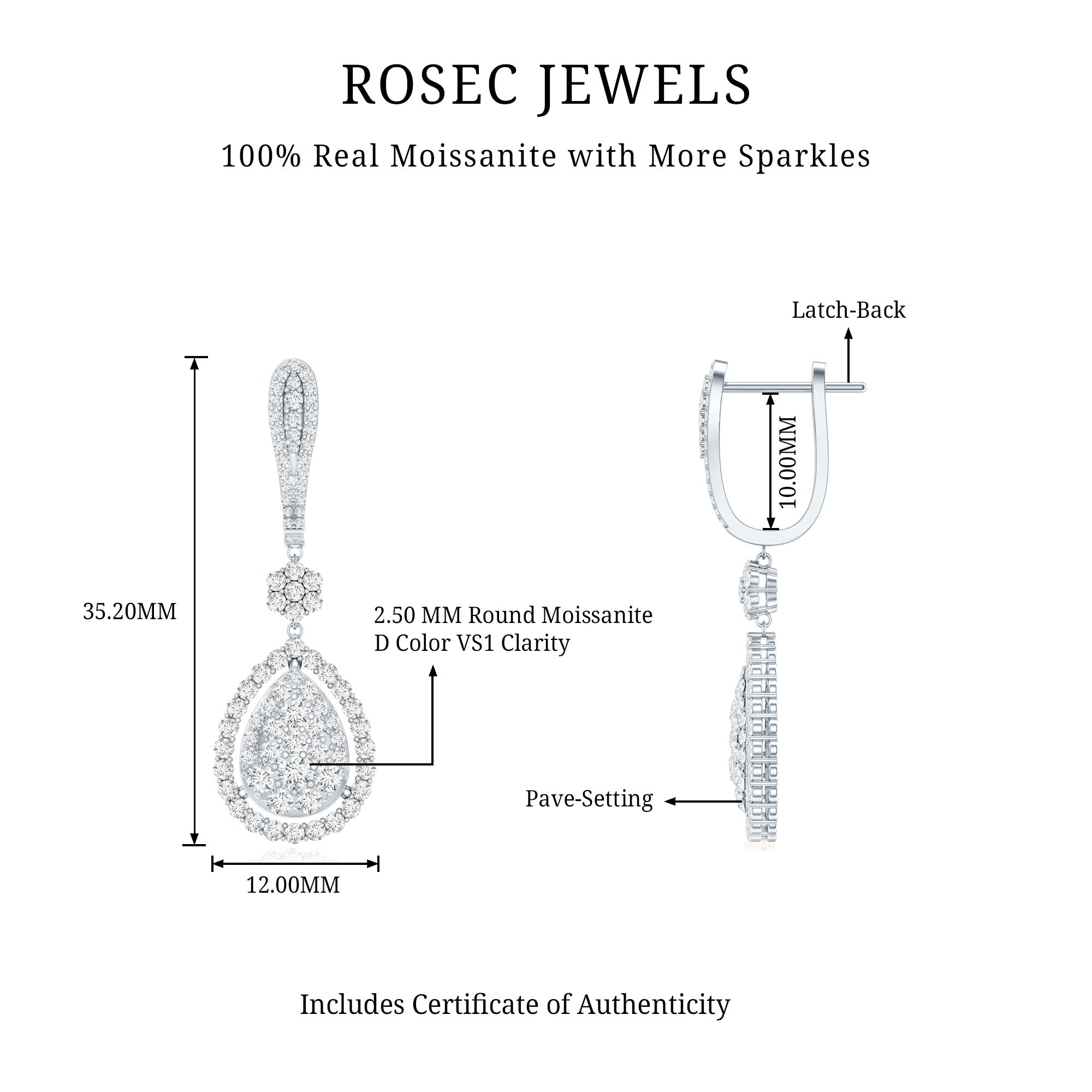 Certified Moissanite Bridal Drop Earrings For Wedding D-VS1 - Rosec Jewels