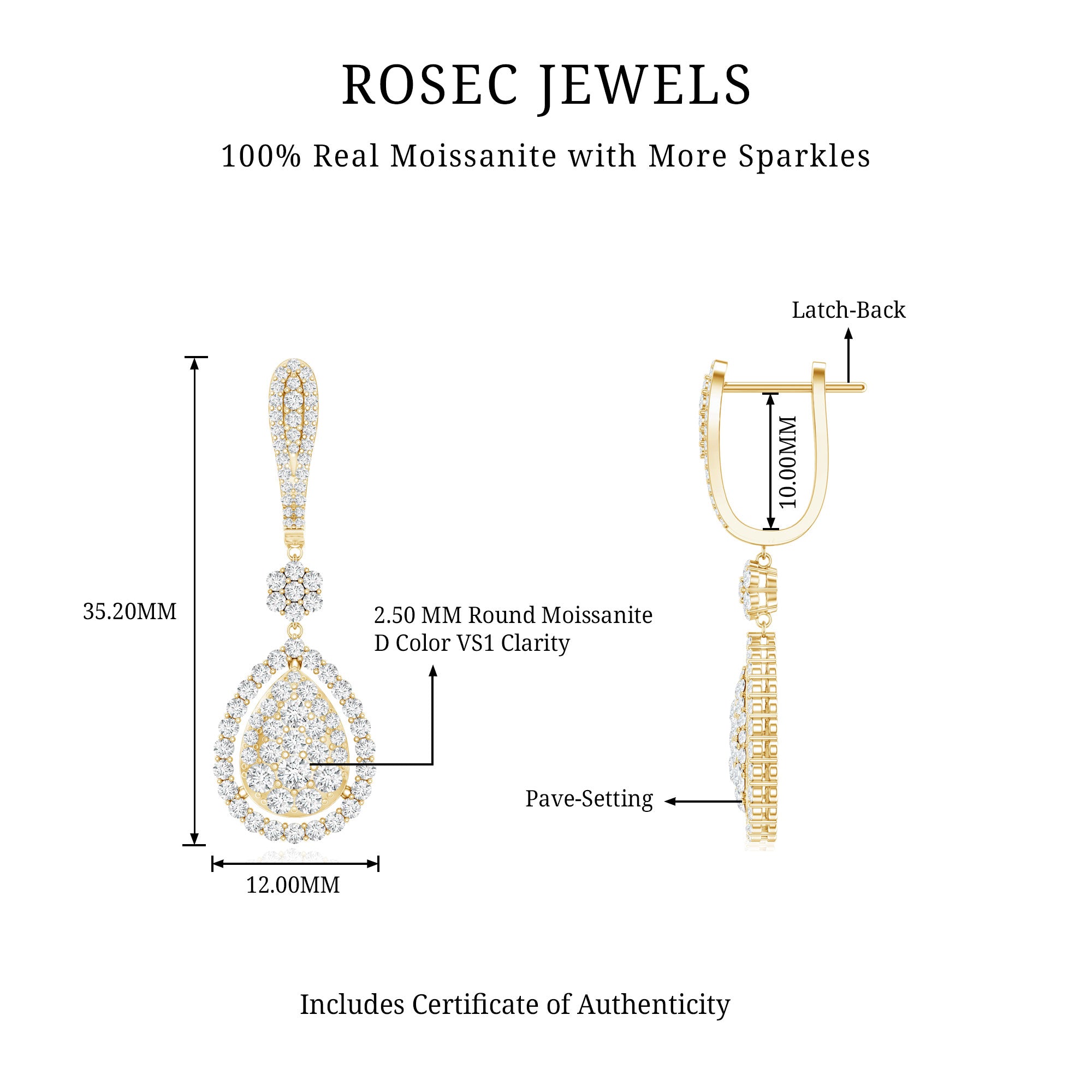 Certified Moissanite Bridal Drop Earrings For Wedding D-VS1 - Rosec Jewels