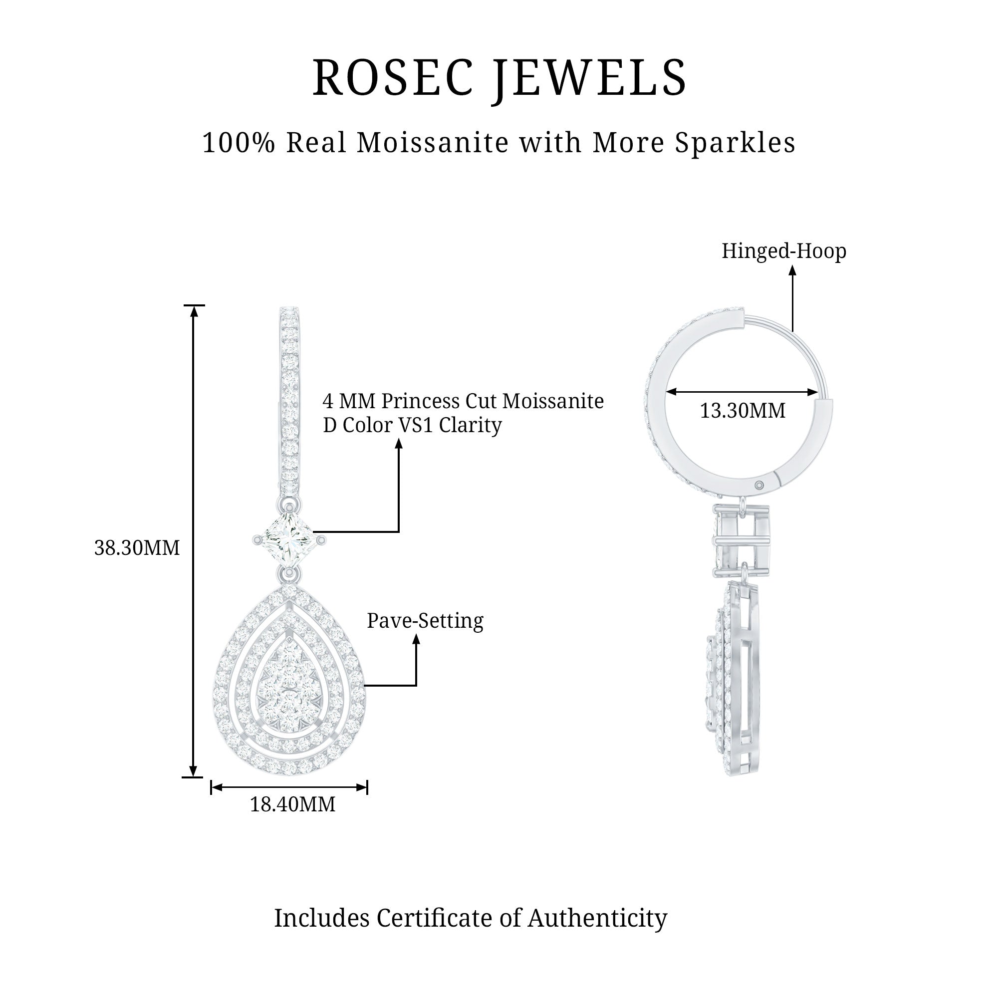 Certified Moissanite Teardrop Hoop Earrings for Women D-VS1 - Rosec Jewels