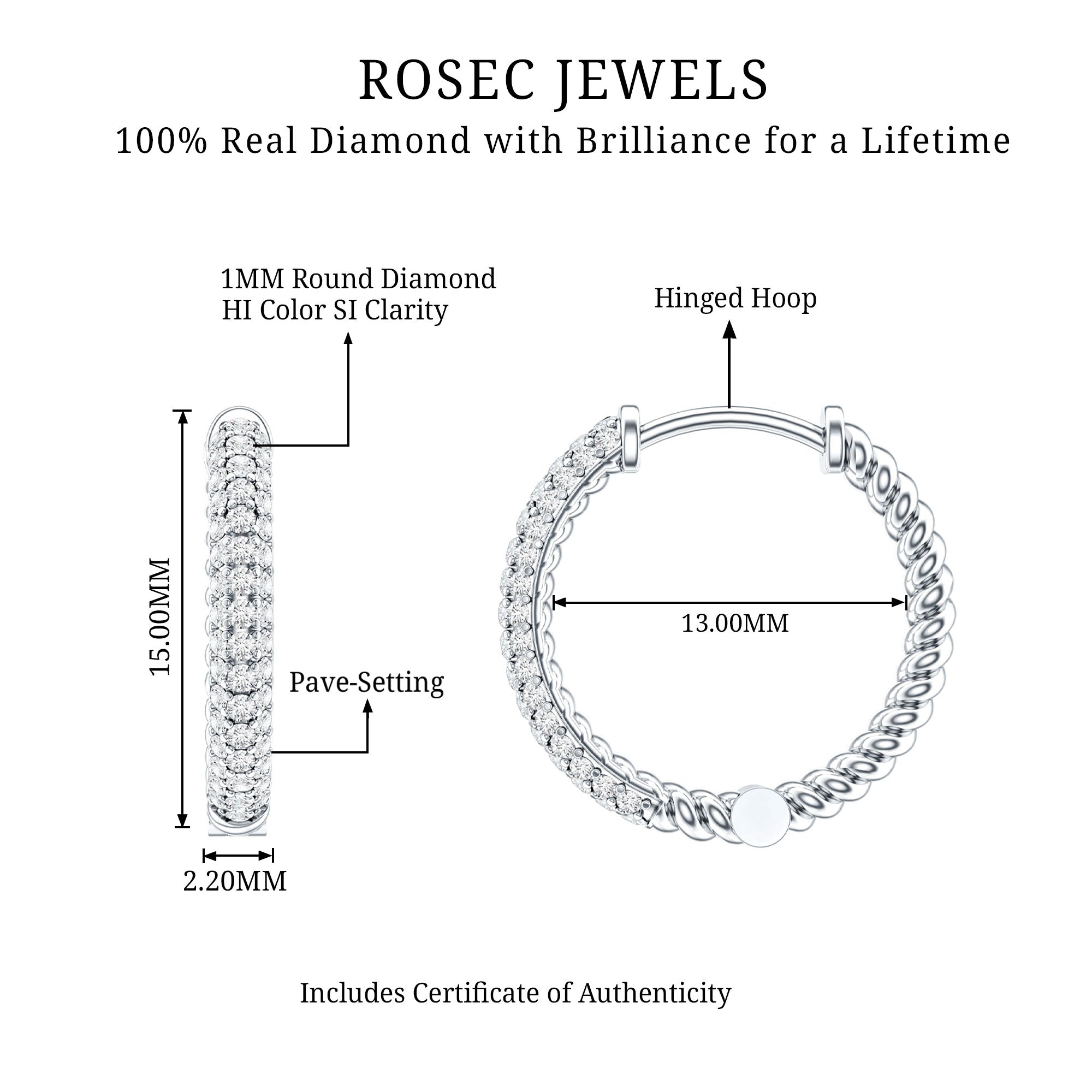 Classic Diamond Hinged Hoop Earrings with Certificate Natural - ( HI-SI ) - Rosec Jewels