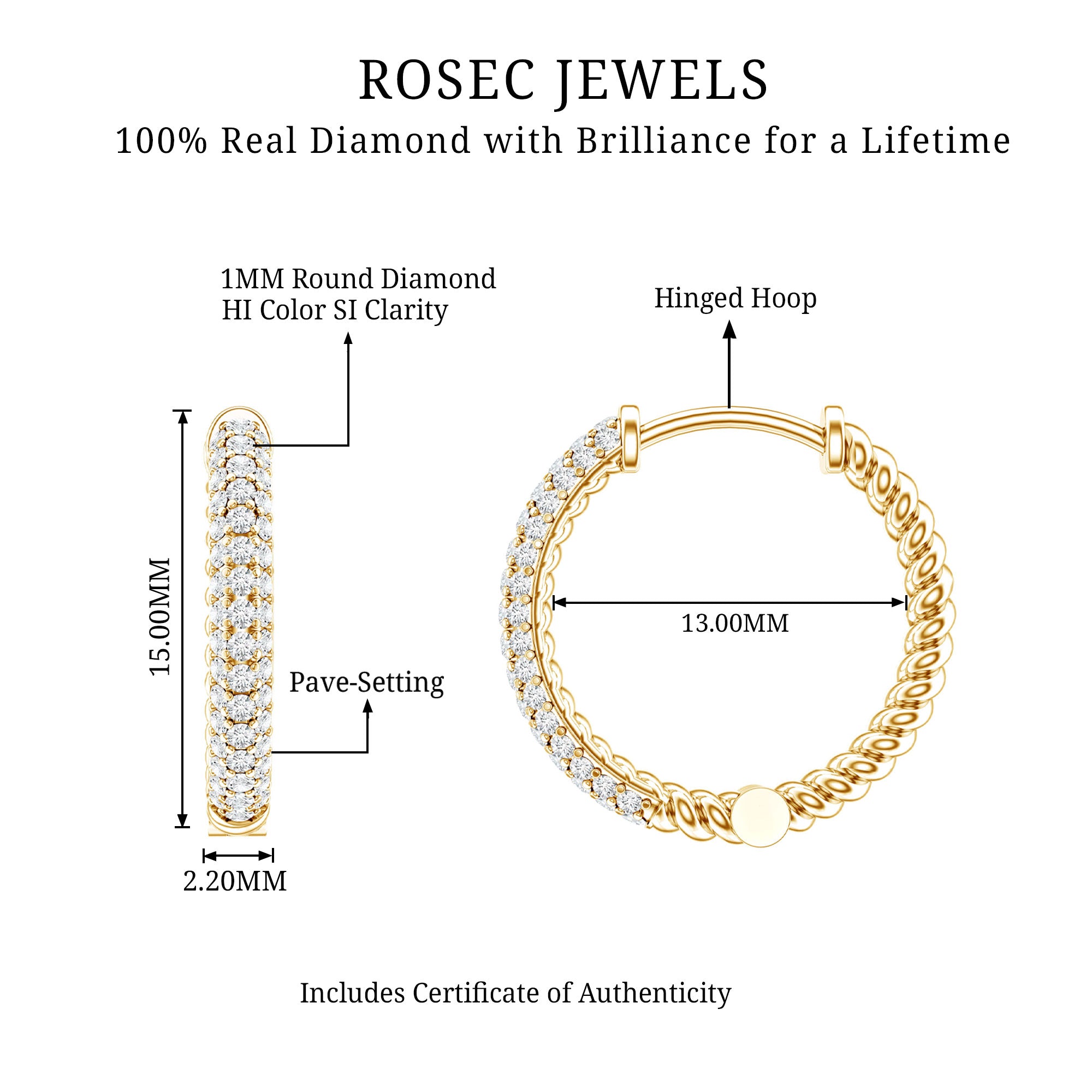 Classic Diamond Hinged Hoop Earrings with Certificate Natural - ( HI-SI ) - Rosec Jewels