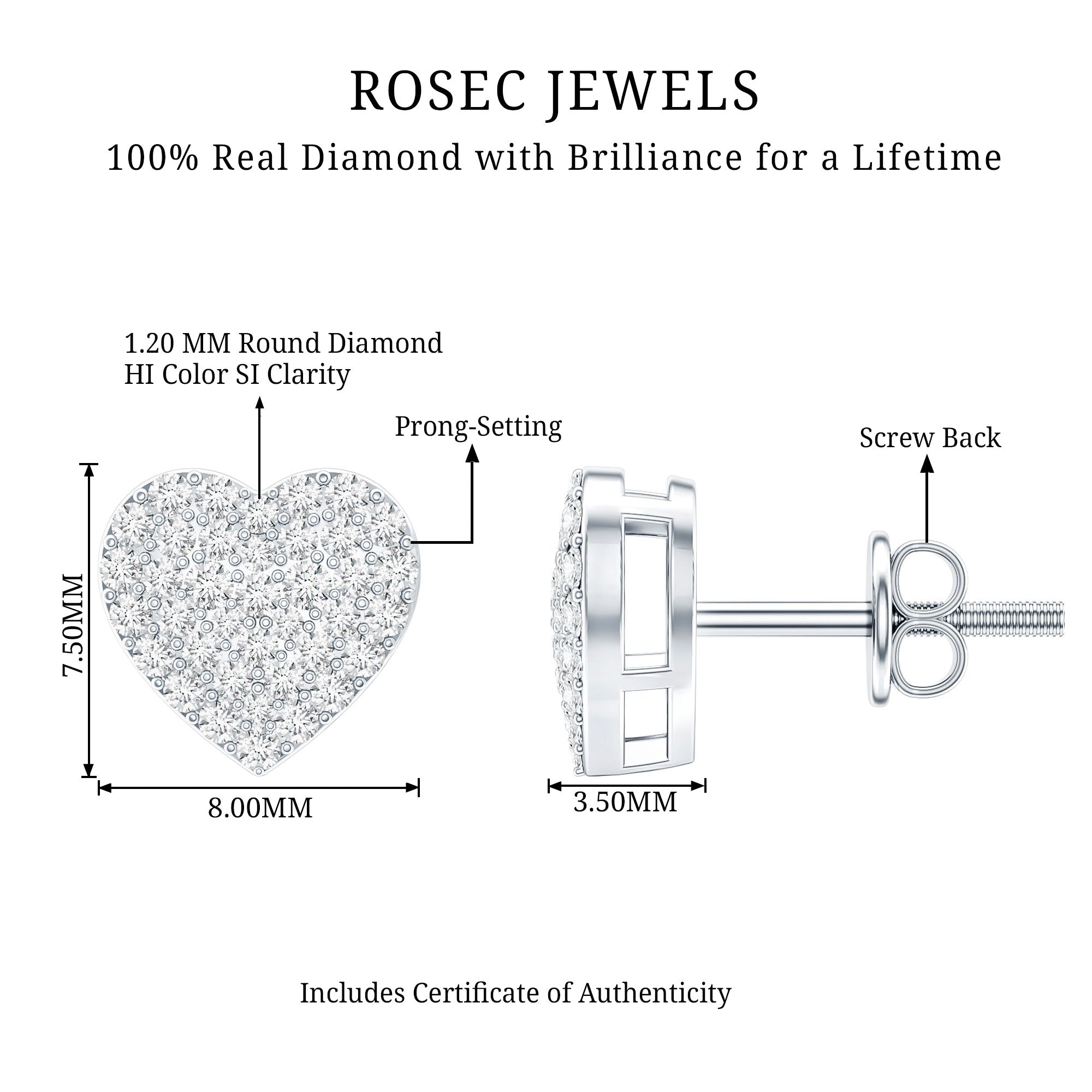 Natural Diamond Heart Earrings with Screw Back Natural - ( HI-SI ) - Rosec Jewels