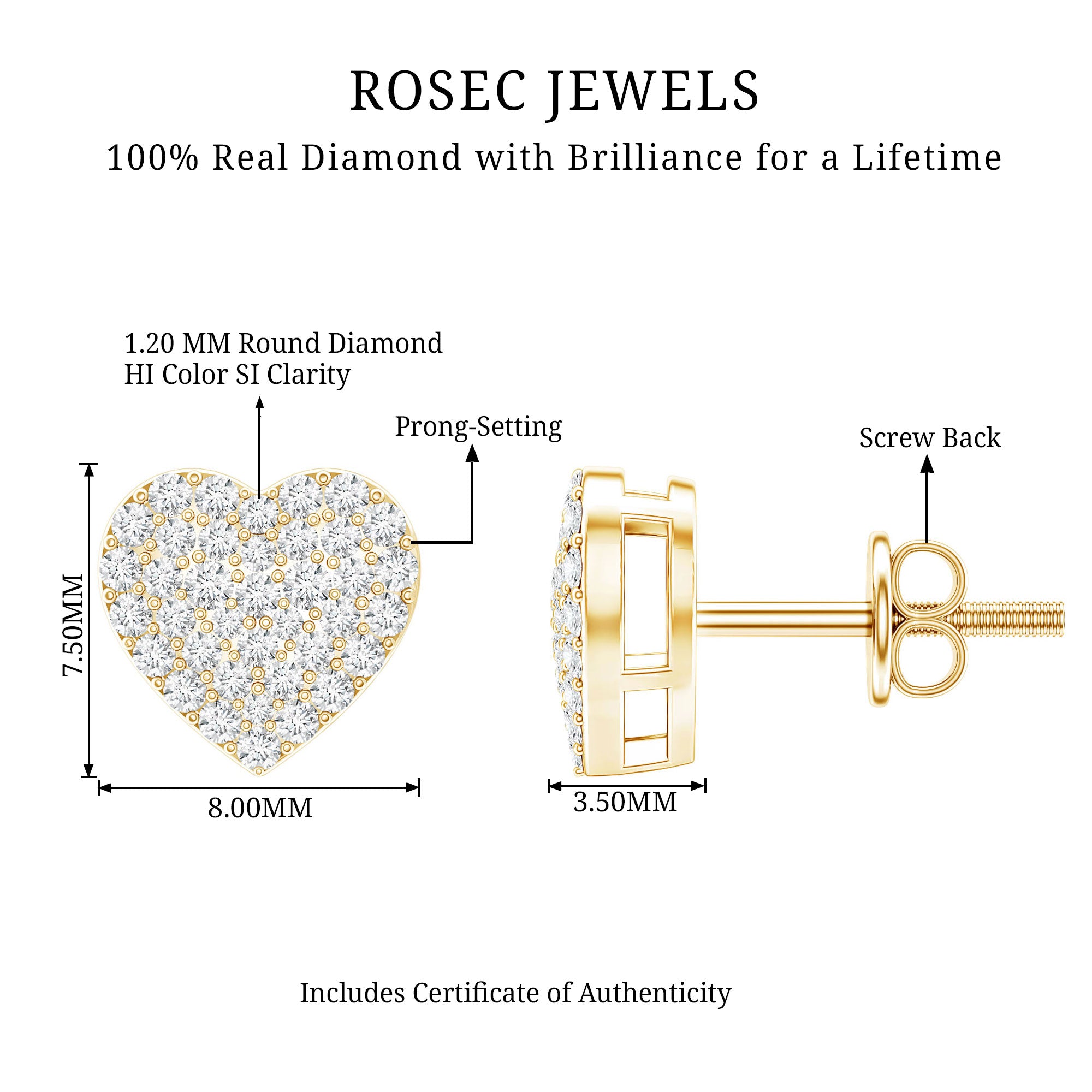 Natural Diamond Heart Earrings with Screw Back Natural - ( HI-SI ) - Rosec Jewels