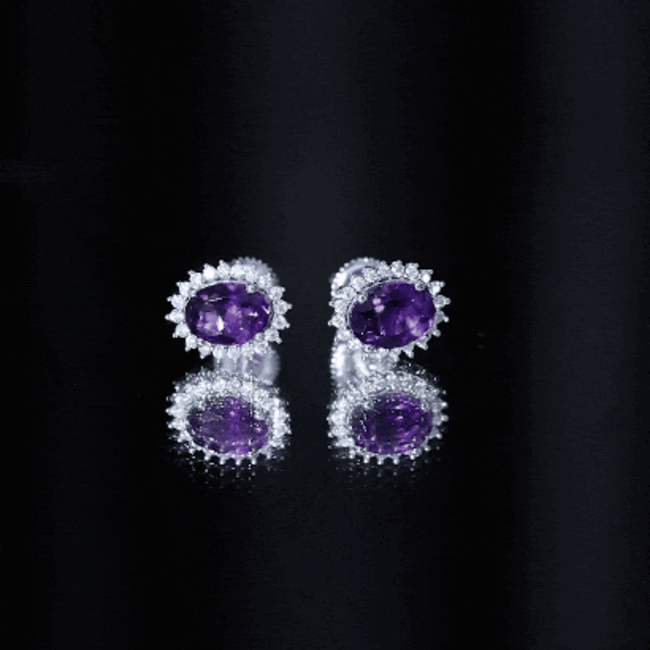 Classic Oval Amethyst Stud Earrings with Moissanite Halo AAA - Rosec Jewels