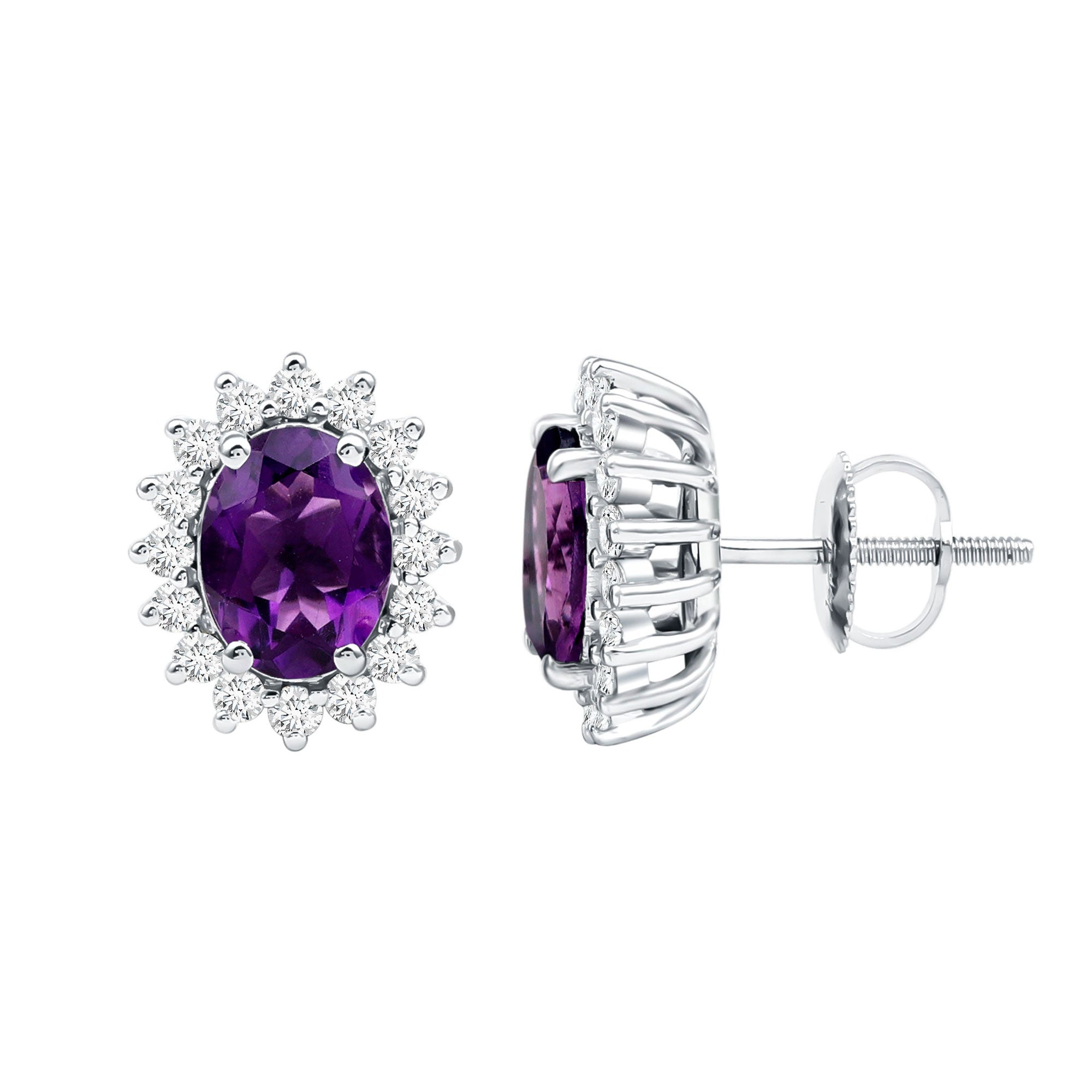 Classic Oval Amethyst Stud Earrings with Moissanite Halo AAA - Rosec Jewels