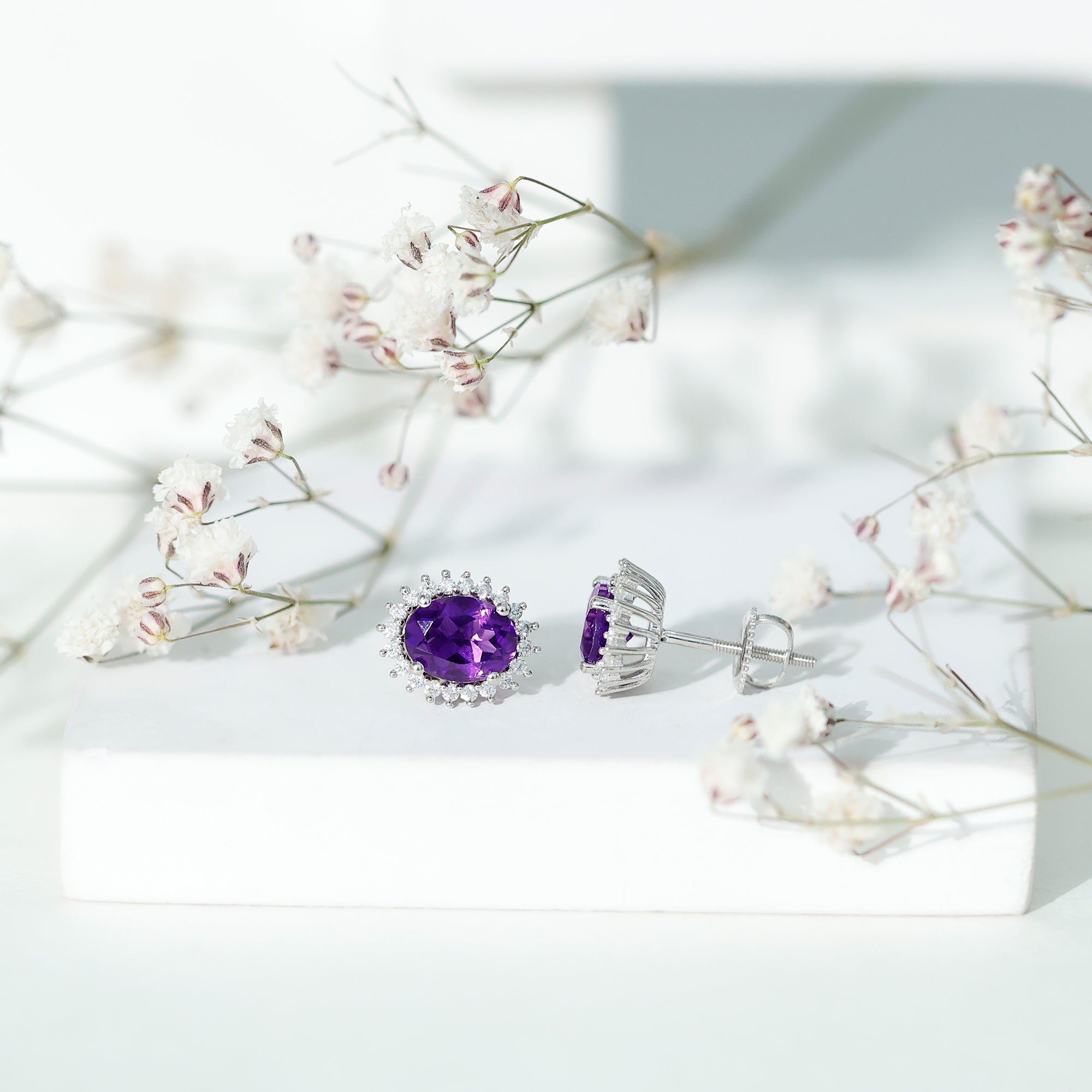 Classic Oval Amethyst Stud Earrings with Moissanite Halo AAA - Rosec Jewels