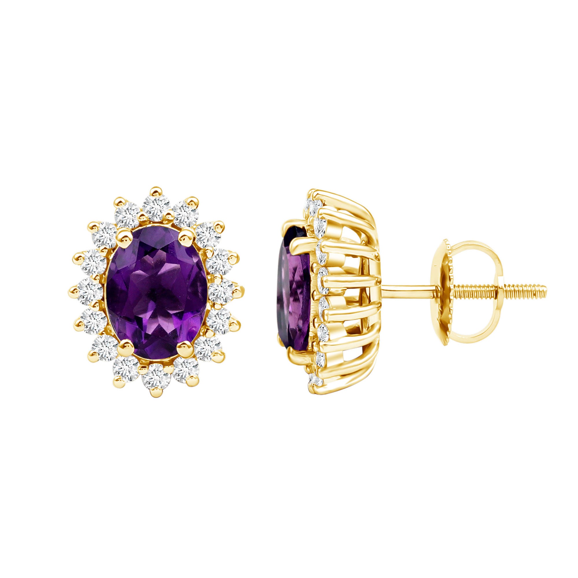 Classic Oval Amethyst Stud Earrings with Moissanite Halo AAA - Rosec Jewels