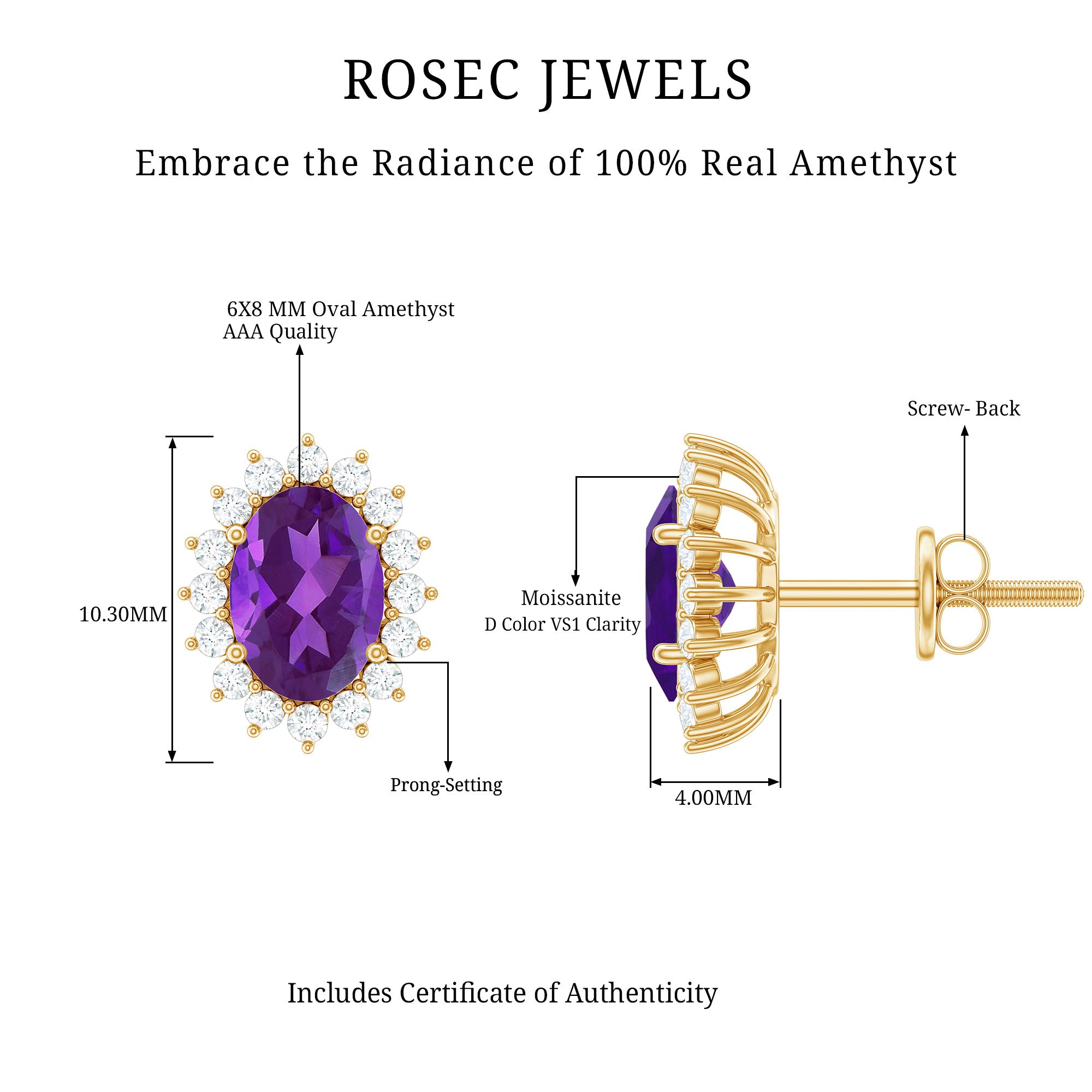Classic Oval Amethyst Stud Earrings with Moissanite Halo AAA - Rosec Jewels