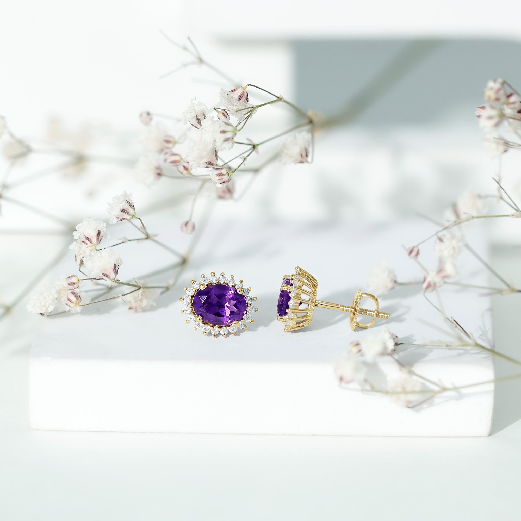Classic Oval Amethyst Stud Earrings with Moissanite Halo AAA - Rosec Jewels
